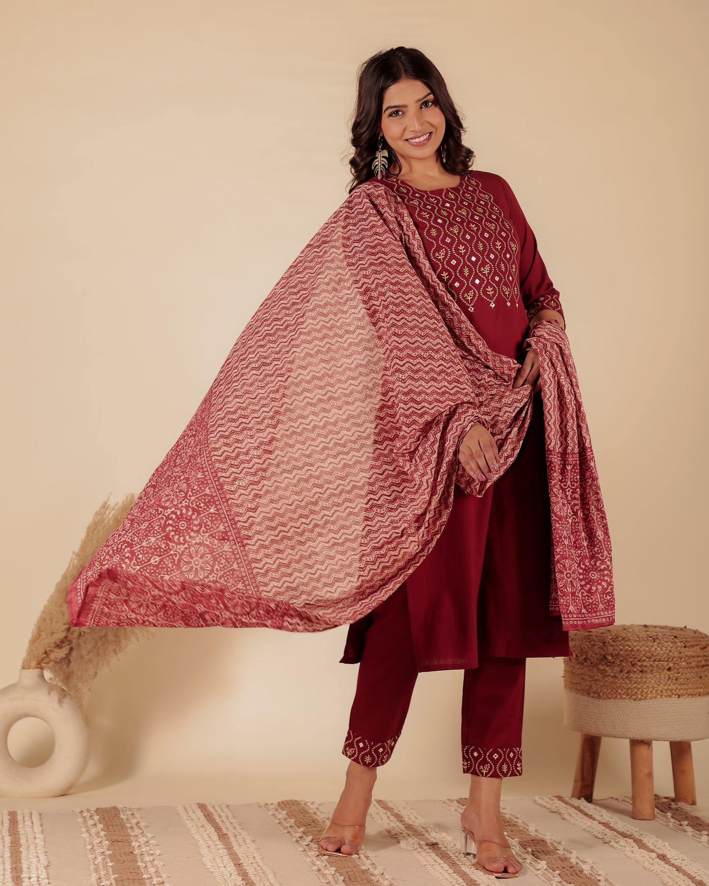 Natural Cotton Solid Straight Maroon Kurta