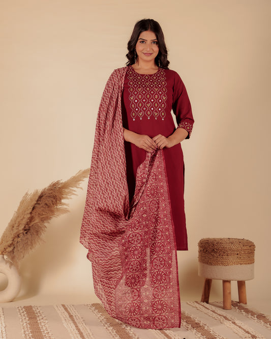 Natural Cotton Solid Straight Maroon Kurta