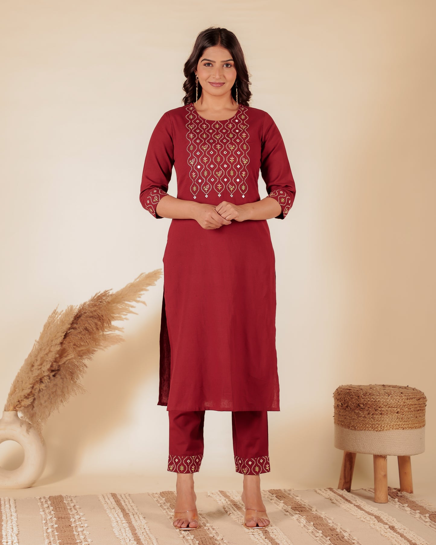 Natural Cotton Solid Straight Maroon Kurta
