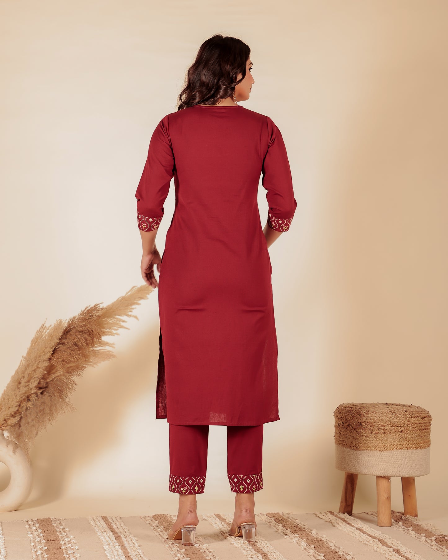Natural Cotton Solid Straight Maroon Kurta