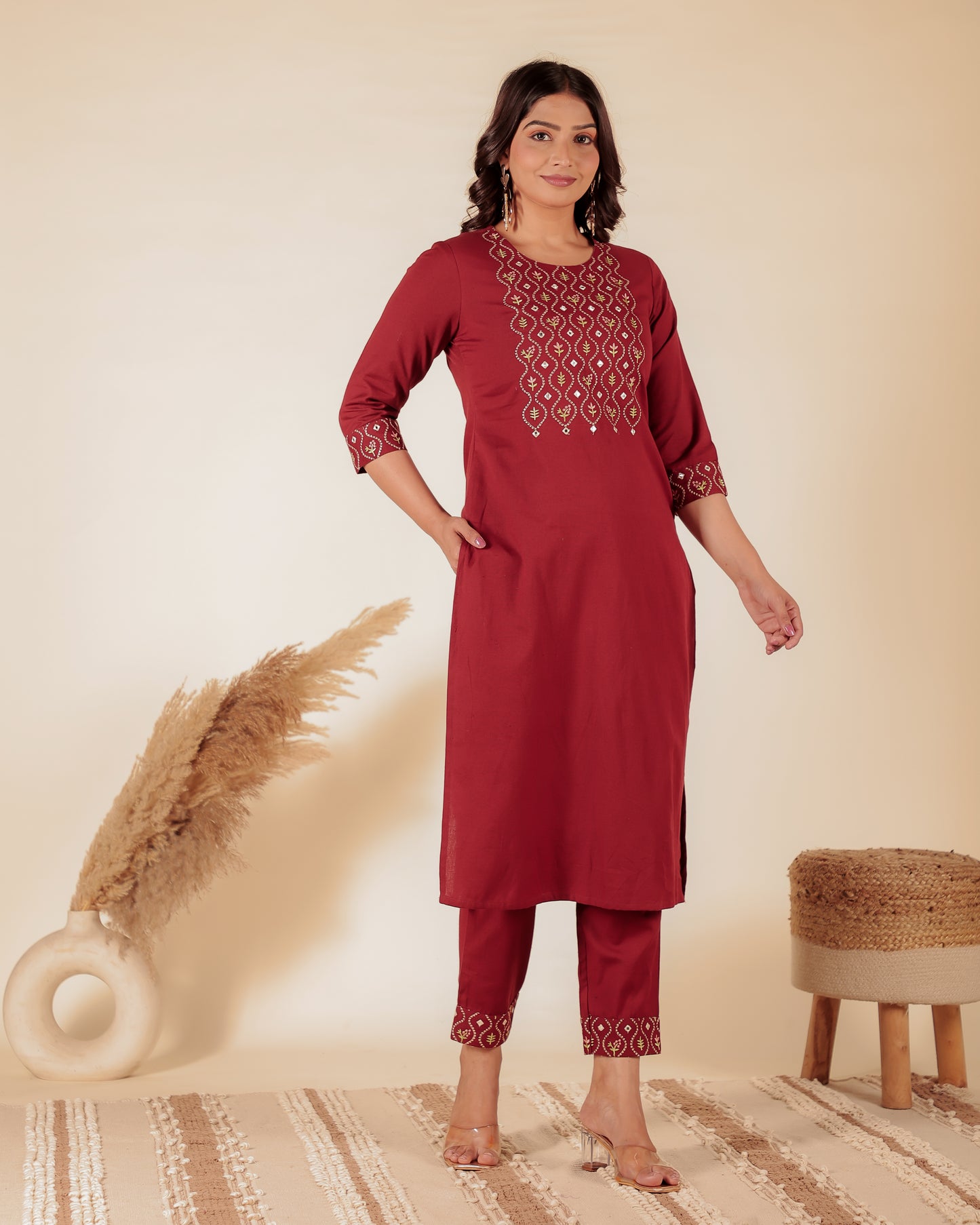 Natural Cotton Solid Straight Maroon Kurta