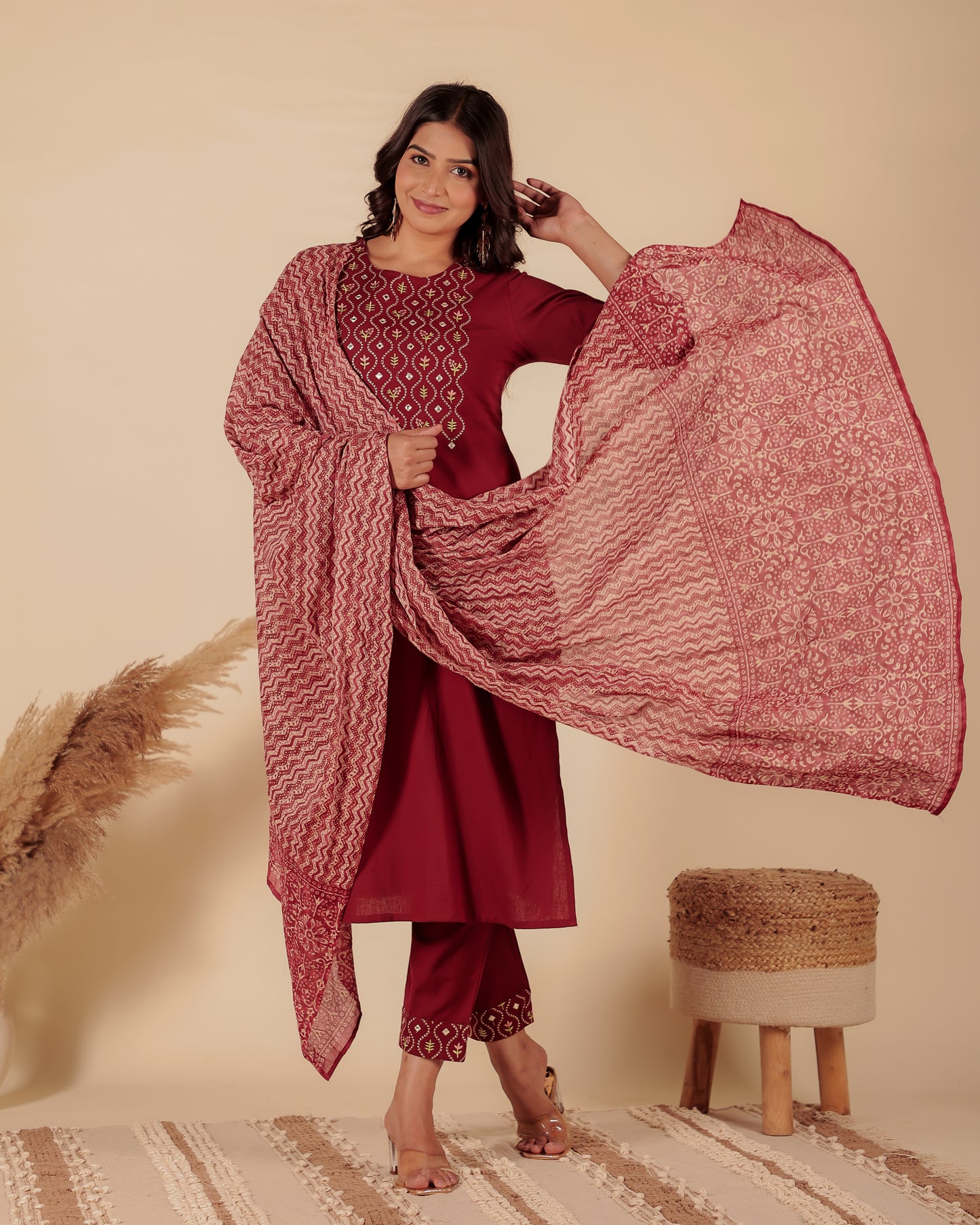 Natural Cotton Solid Straight Maroon Kurta