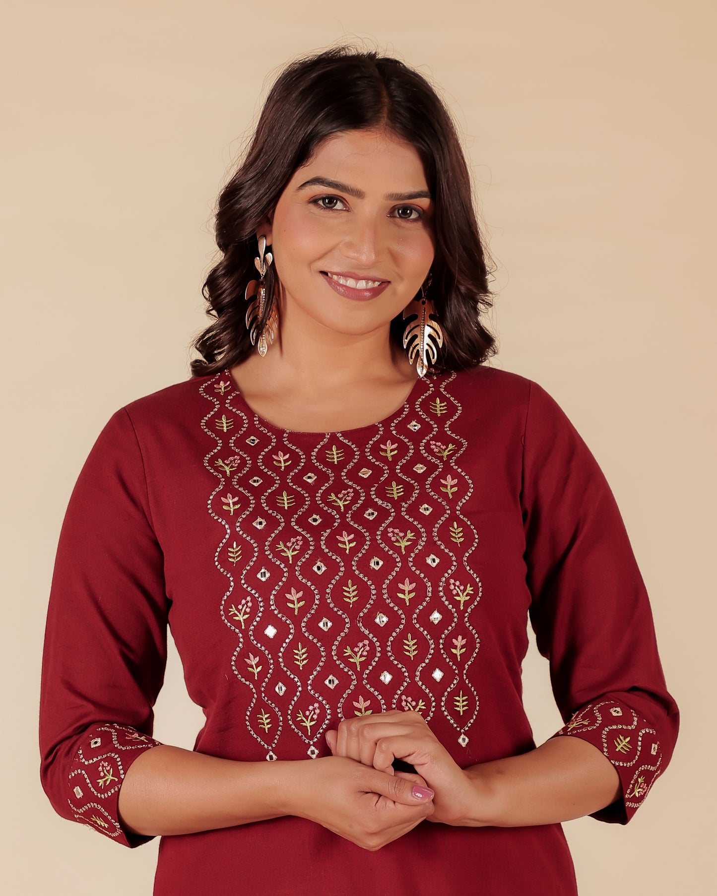 Natural Cotton Solid Straight Maroon Kurta