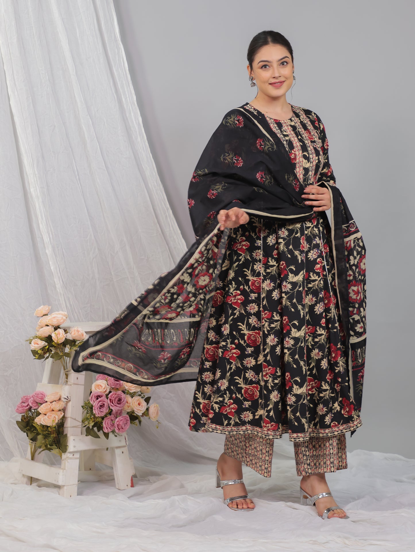 Soft Cotton Floral Flared Black Kurta