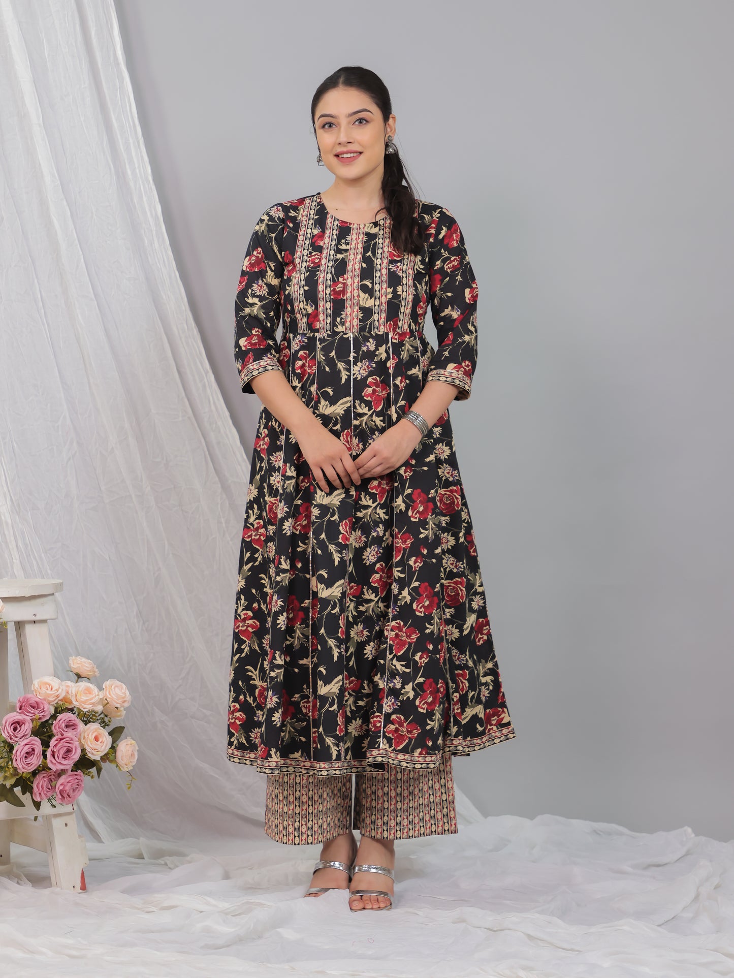 Soft Cotton Floral Flared Black Kurta