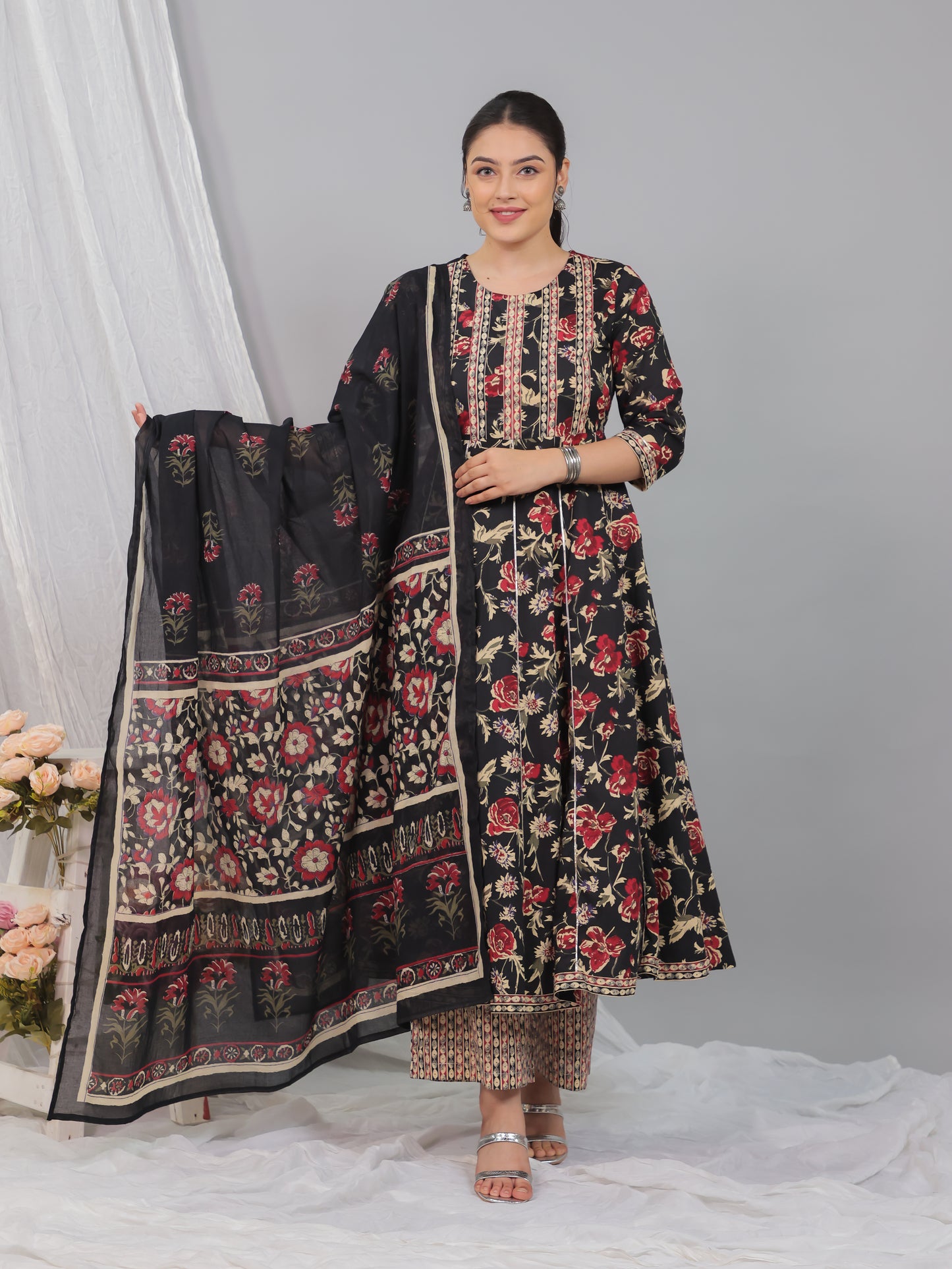 Soft Cotton Floral Flared Black Kurta