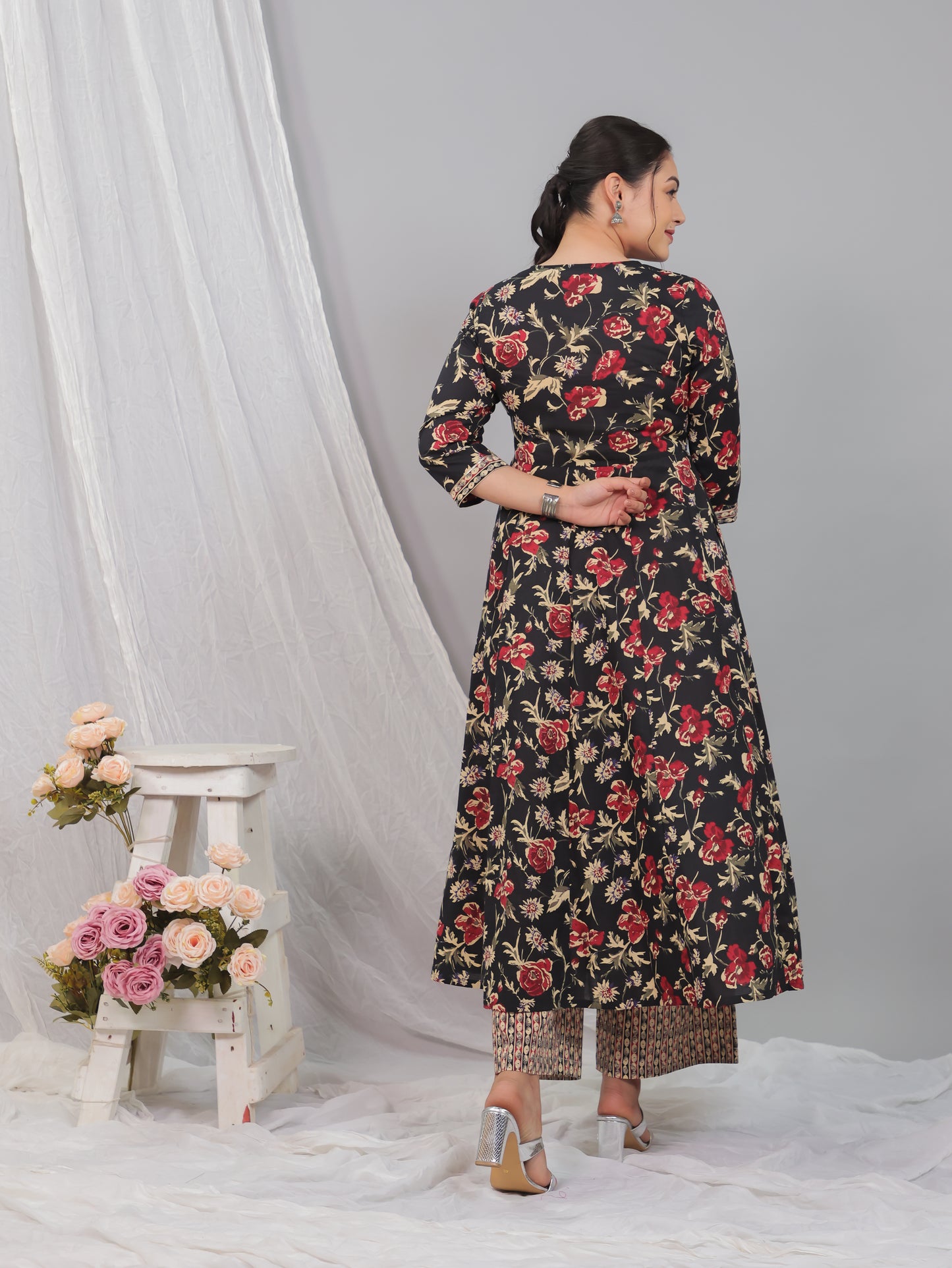 Soft Cotton Floral Flared Black Kurta