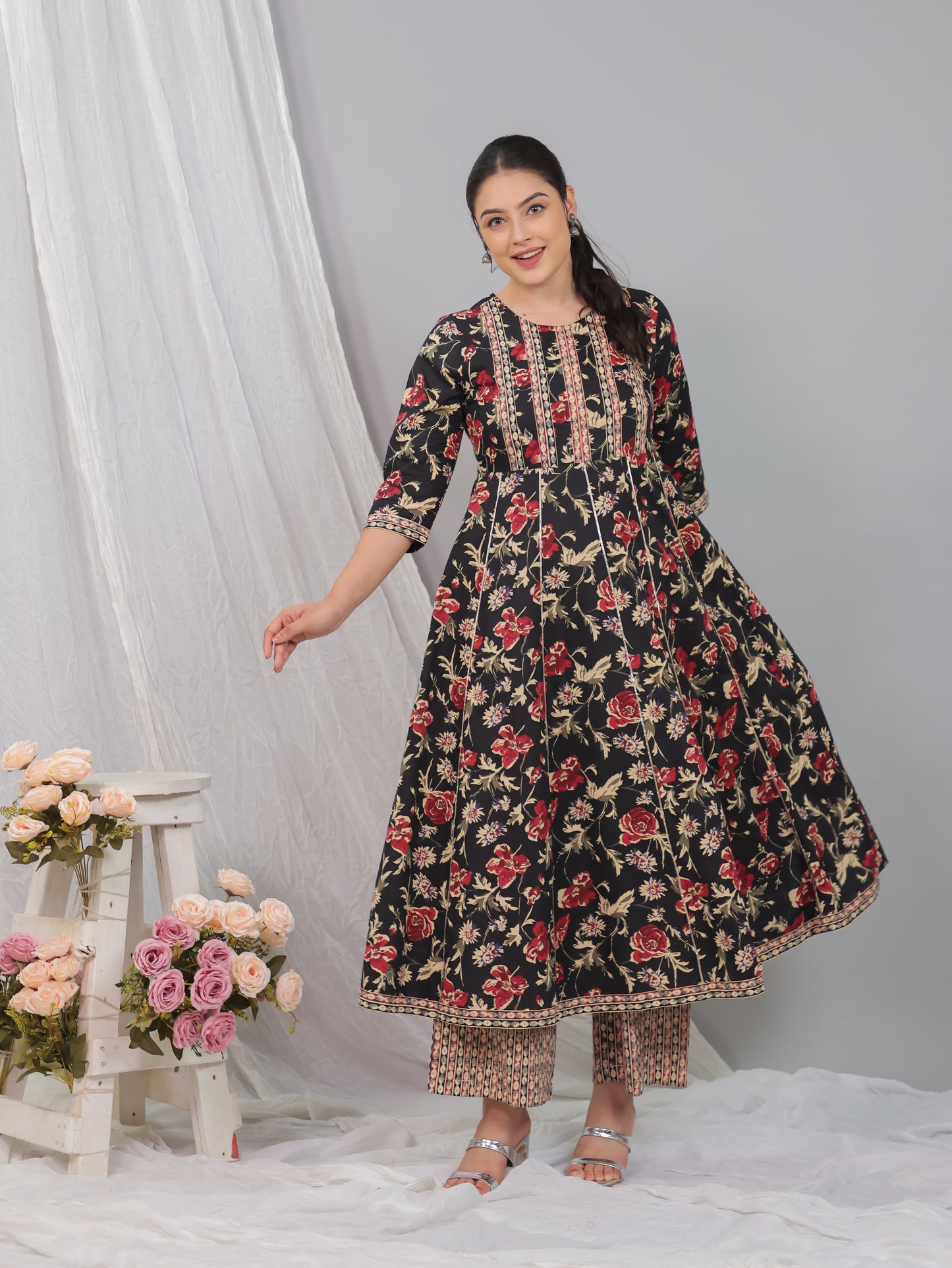 Soft Cotton Floral Flared Black Kurta
