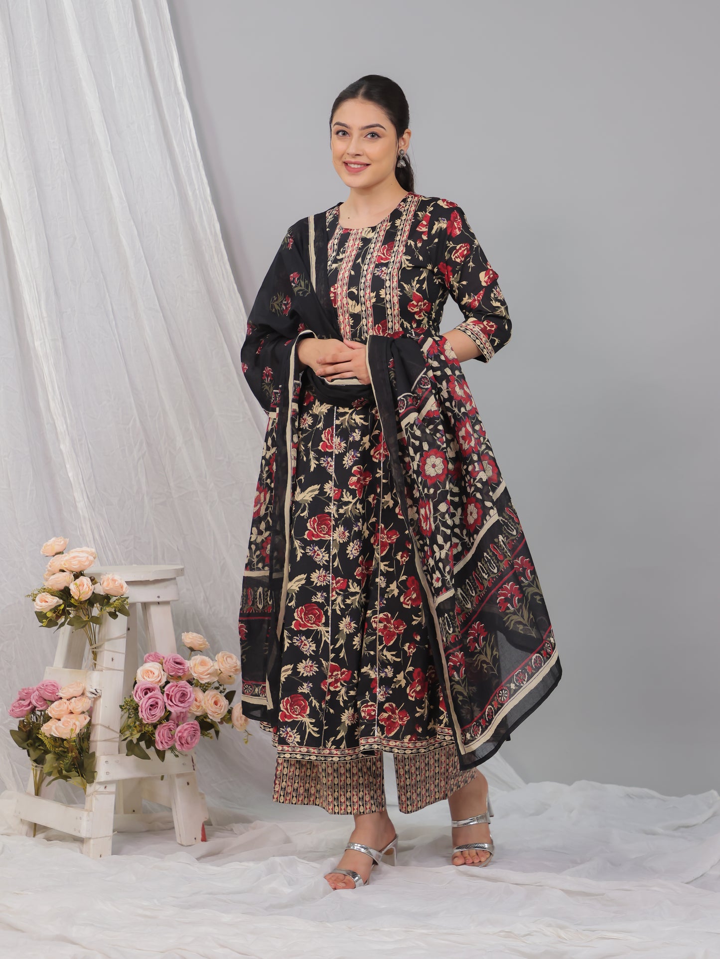 Soft Cotton Floral Flared Black Kurta