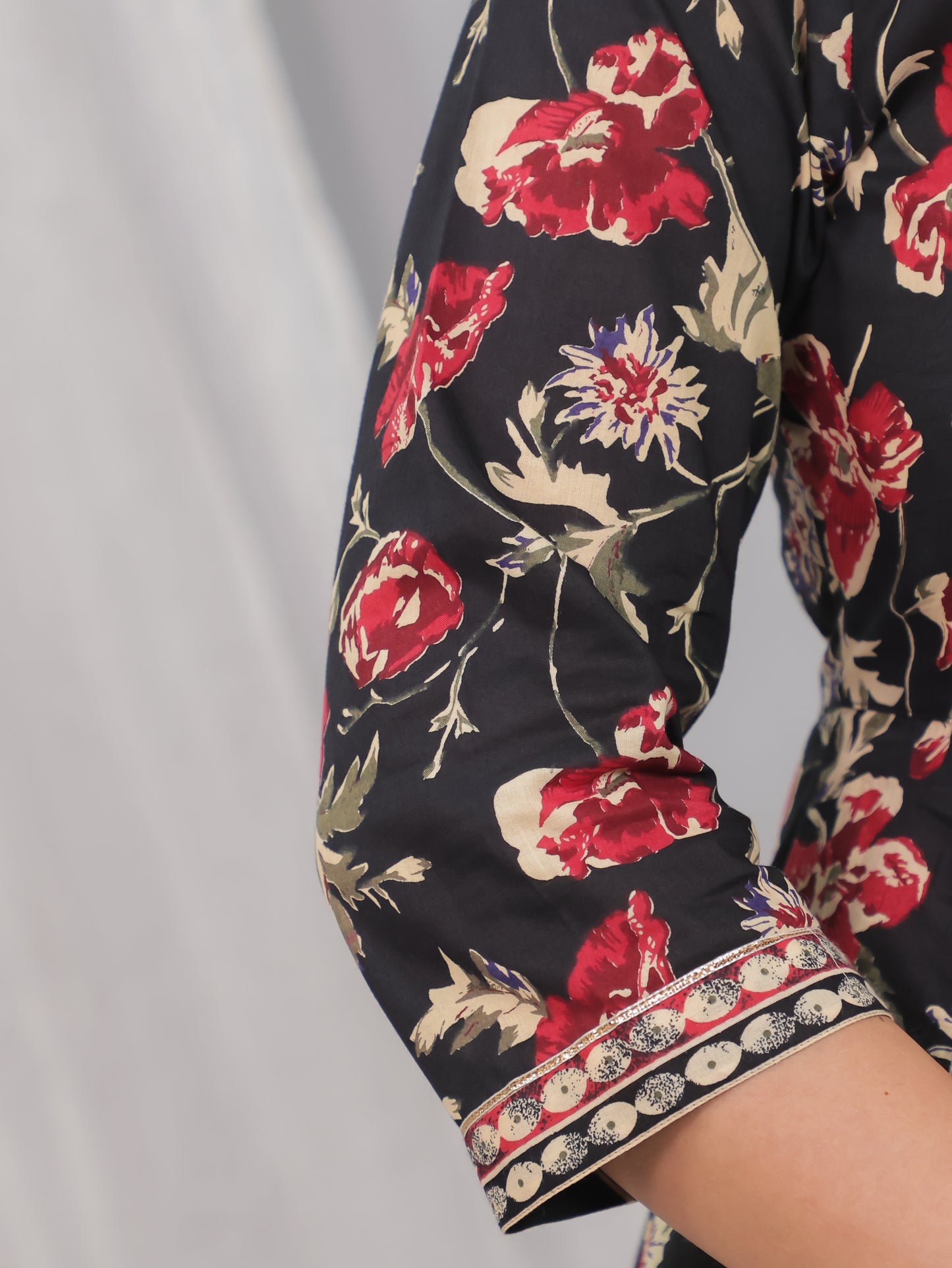 Soft Cotton Floral Flared Black Kurta