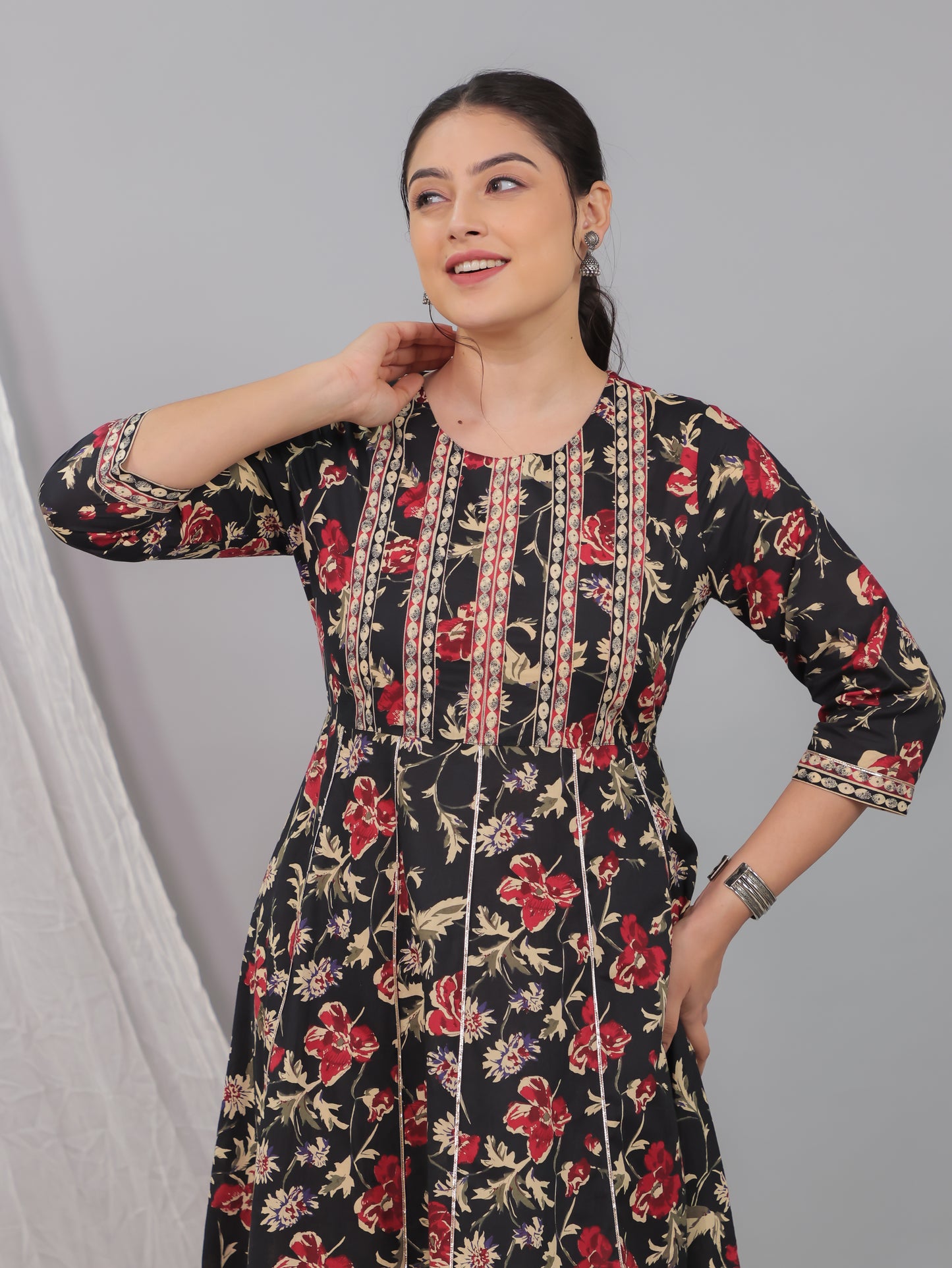 Soft Cotton Floral Flared Black Kurta