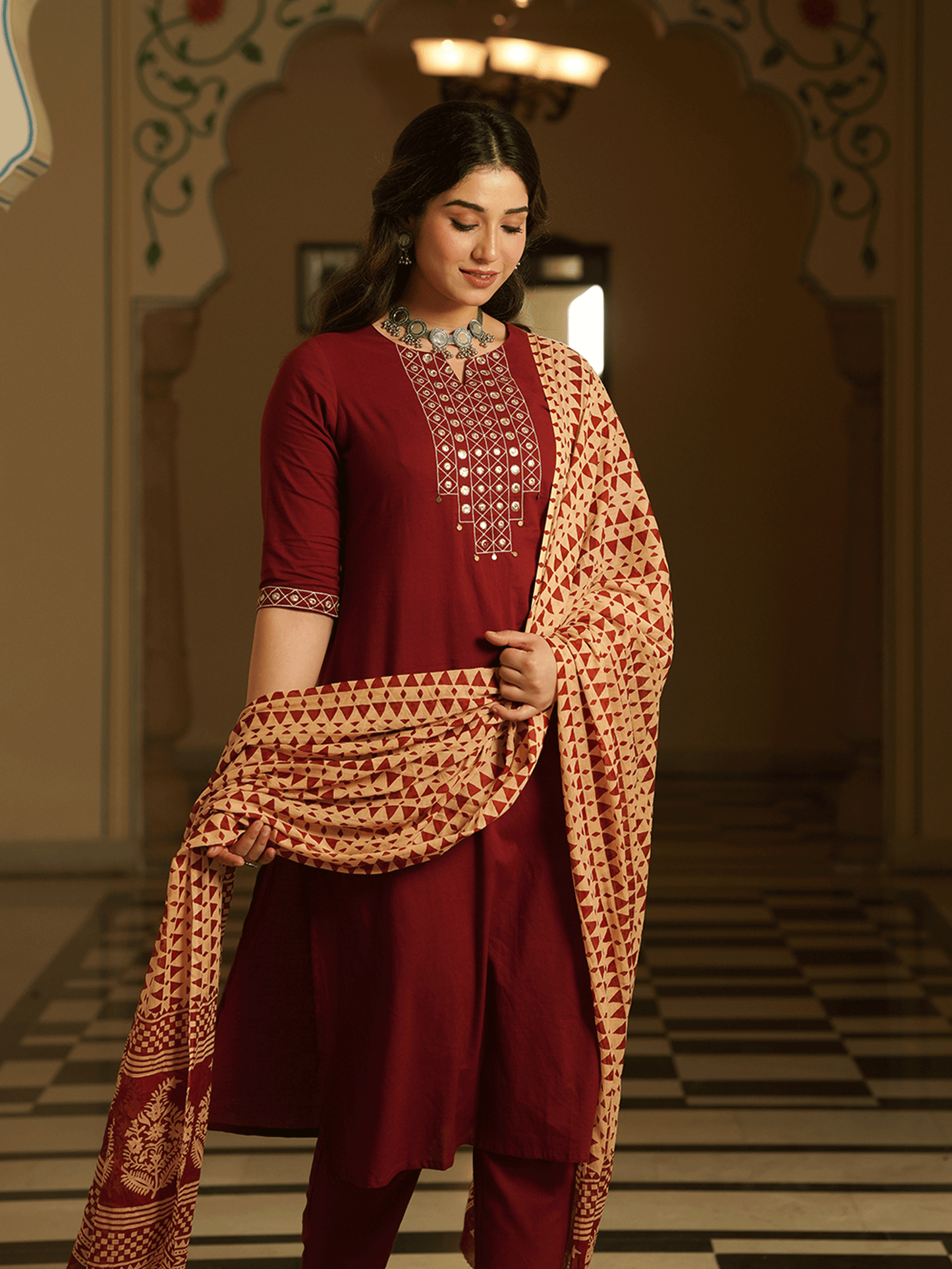 Cotton Voile Geometric Beige Dupatta