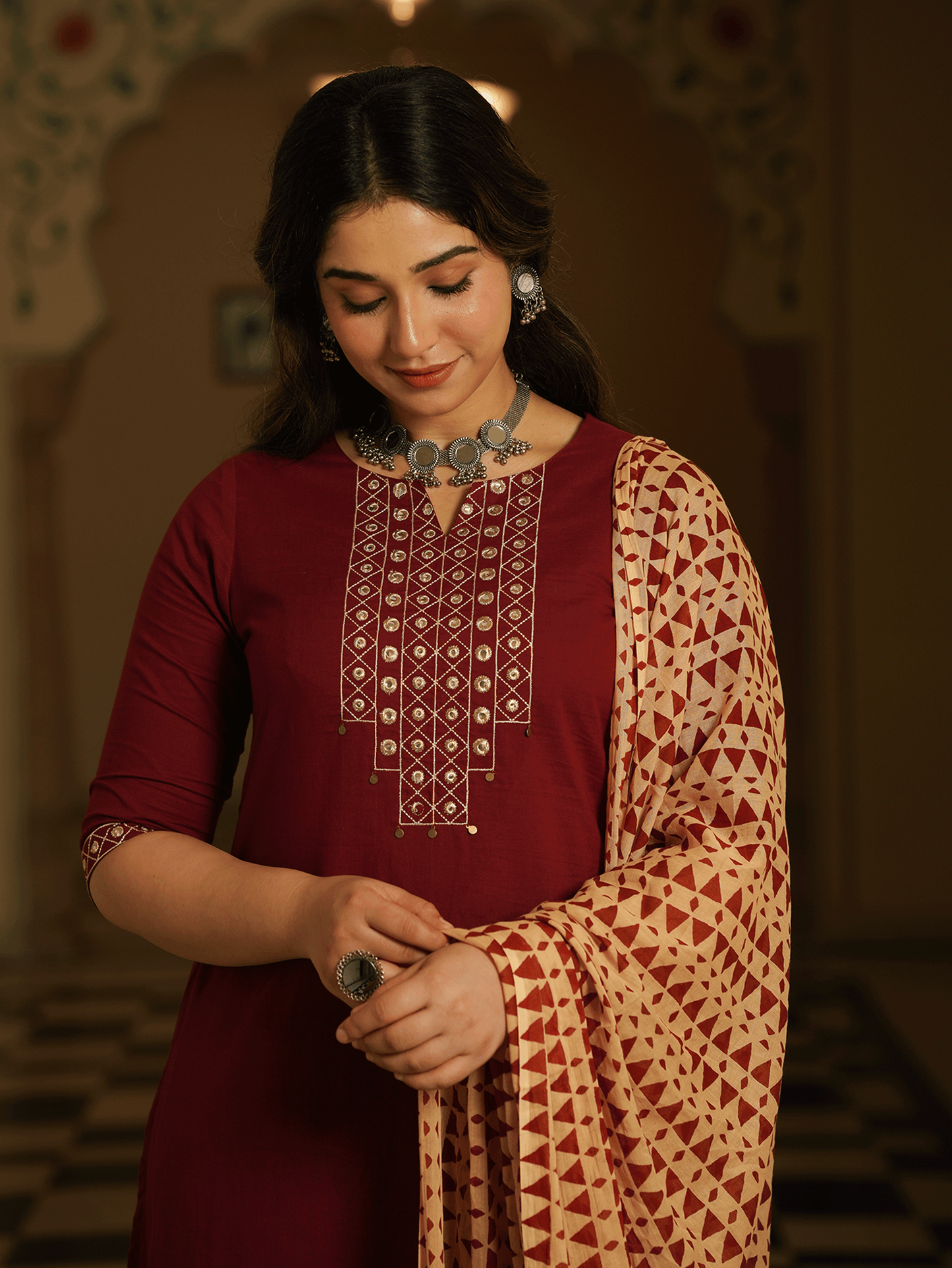 Cotton Voile Geometric Beige Dupatta