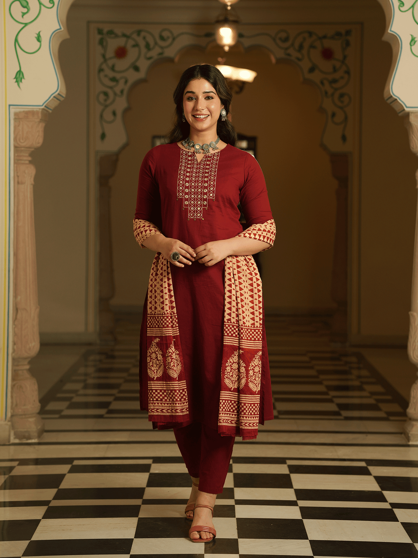 Embroidered Soft Cotton Solid A-line Maroon Kurta