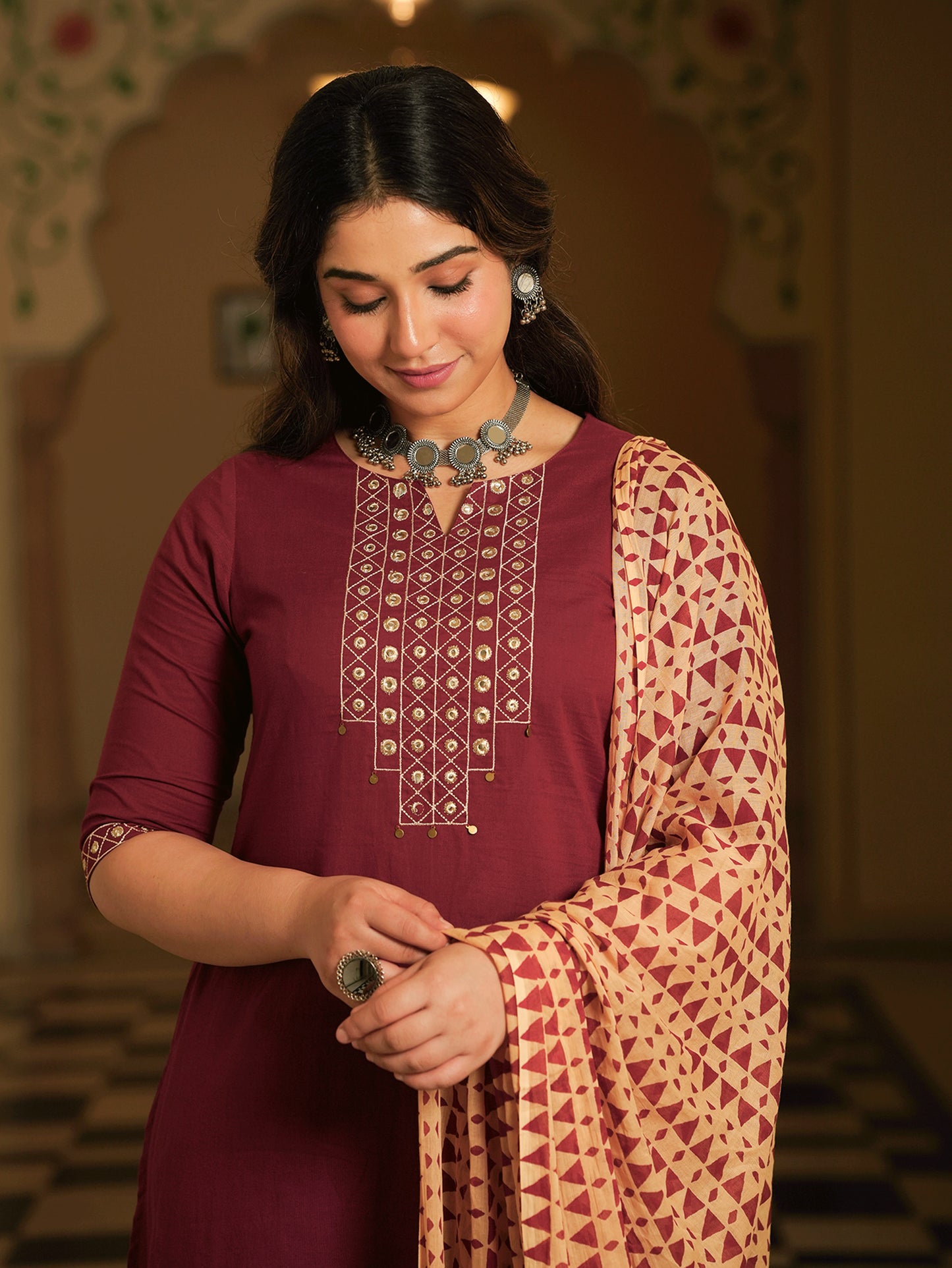 Embroidered Soft Cotton Solid A-line Maroon Kurta