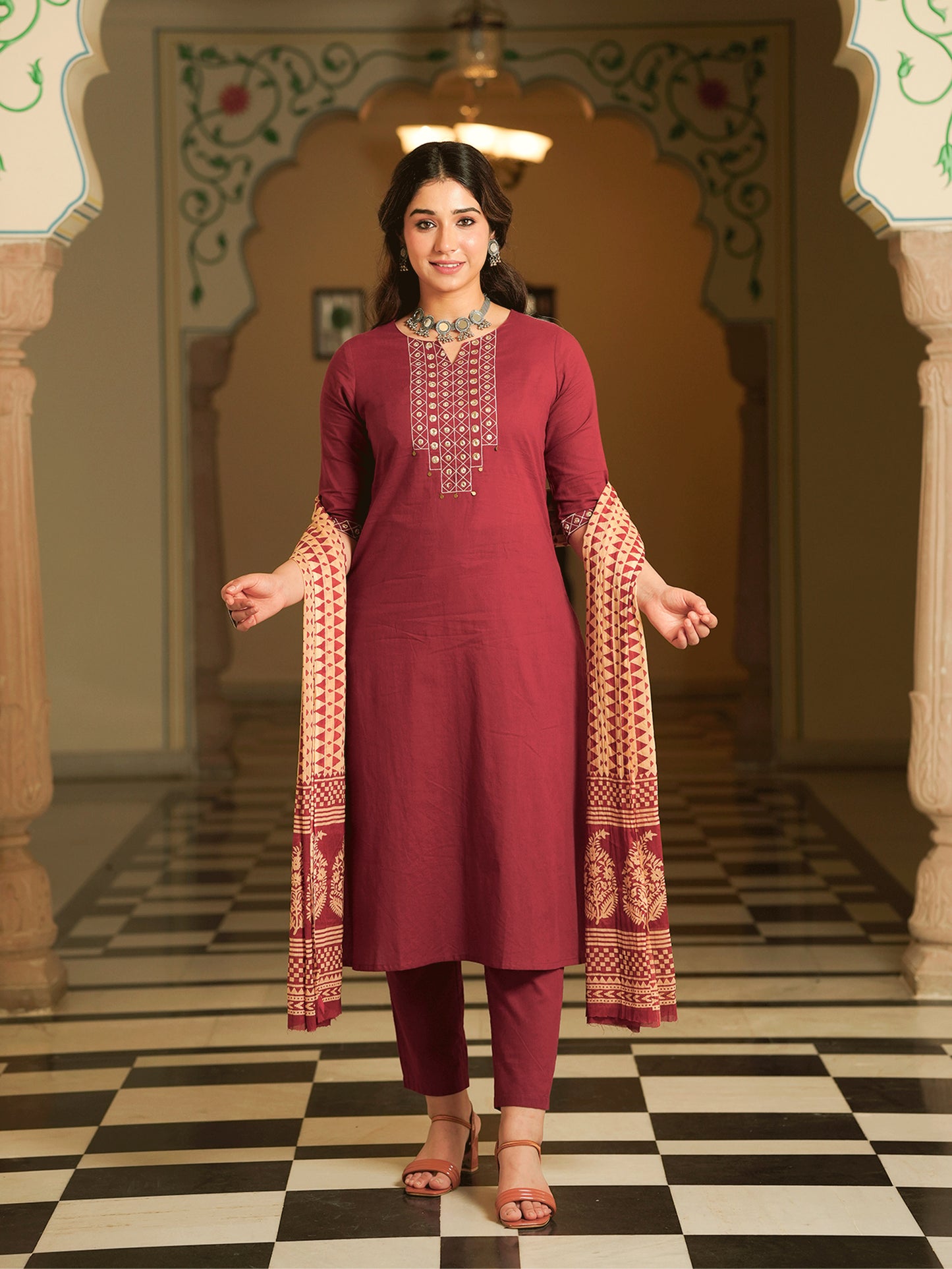 Embroidered Soft Cotton Solid A-line Maroon Kurta