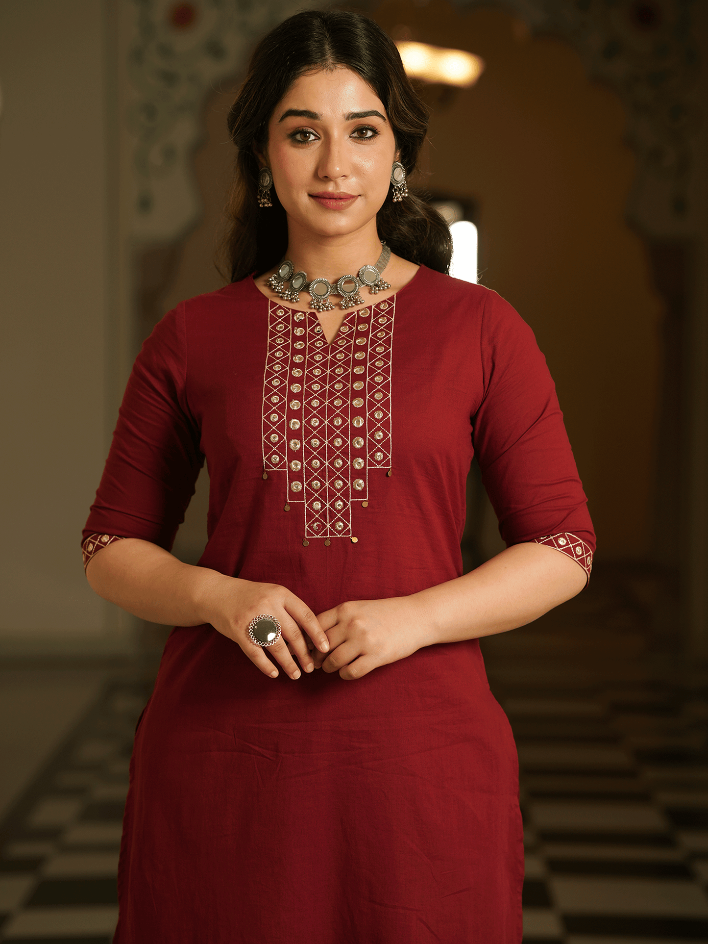 Embroidered Soft Cotton Solid A-line Maroon Kurta