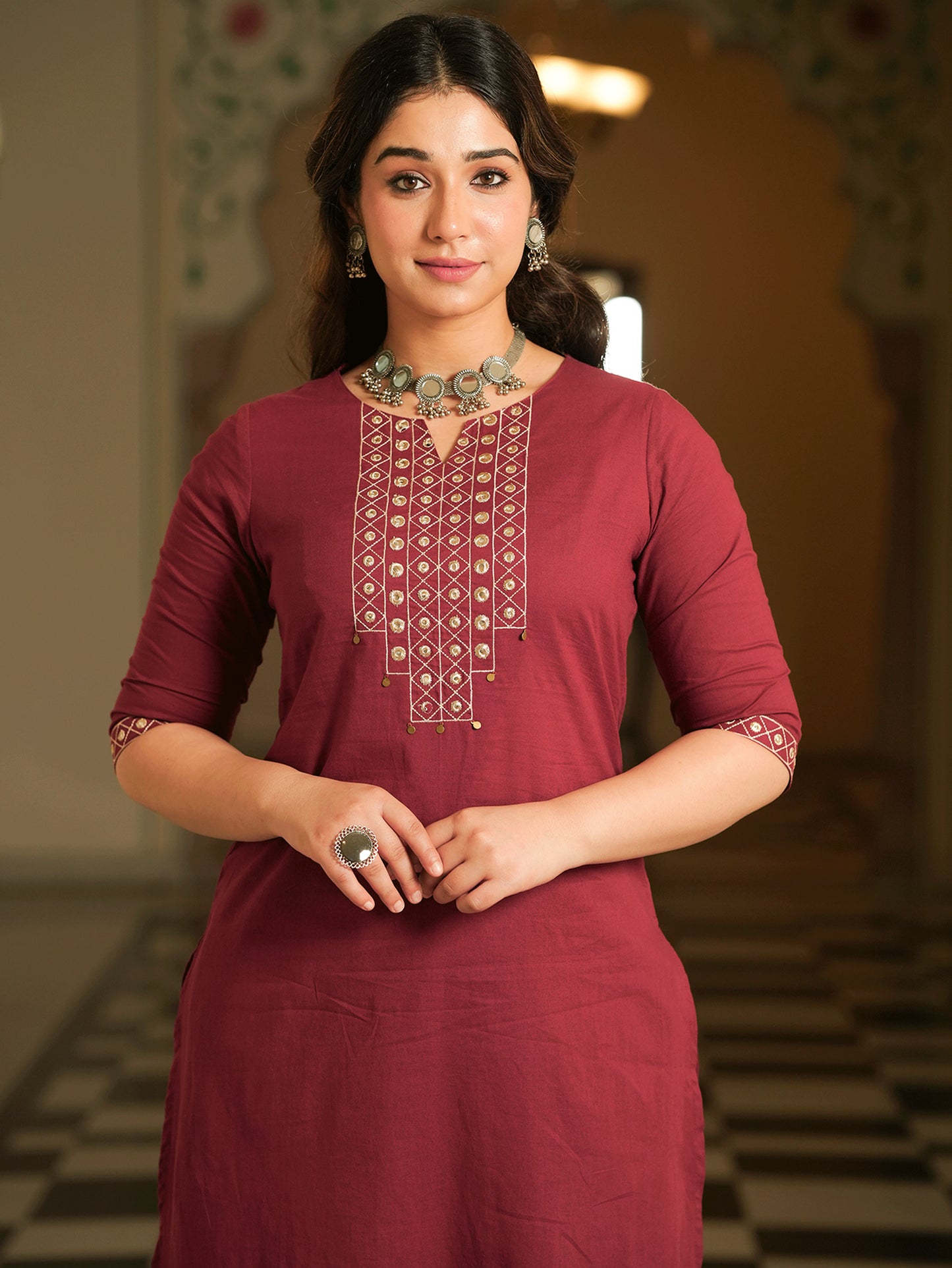 Embroidered Soft Cotton Solid A-line Maroon Kurta