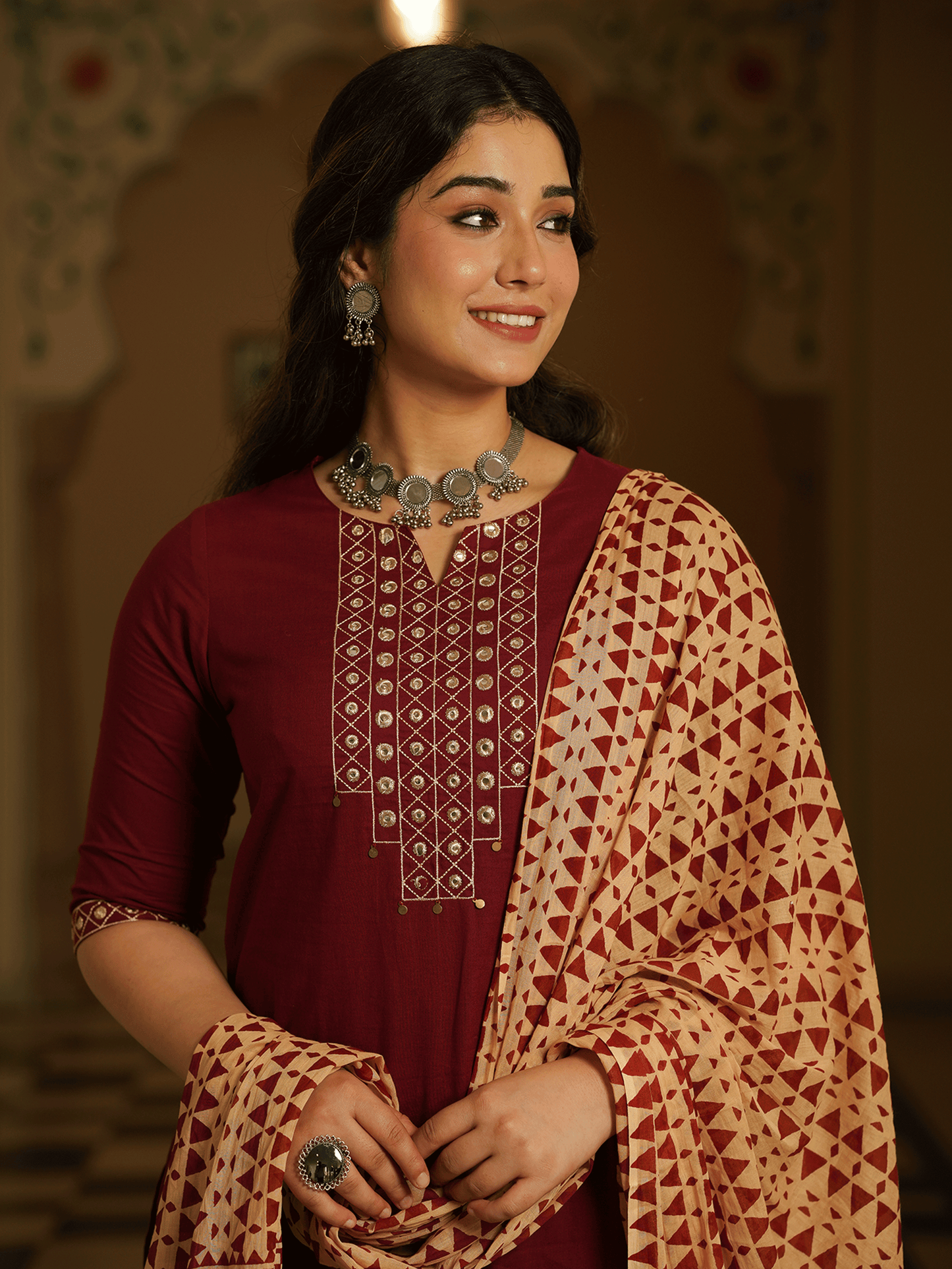 Embroidered Soft Cotton Solid A-line Maroon Kurta