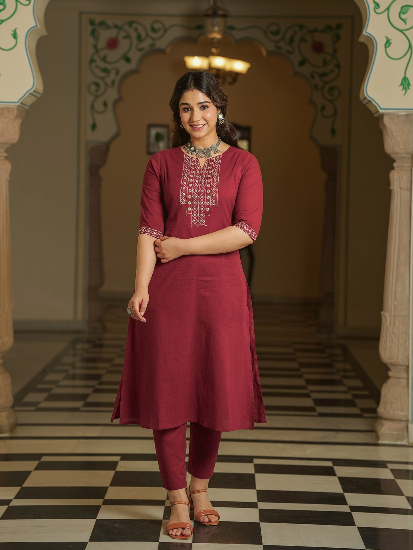 Embroidered Soft Cotton Solid A-line Maroon Kurta