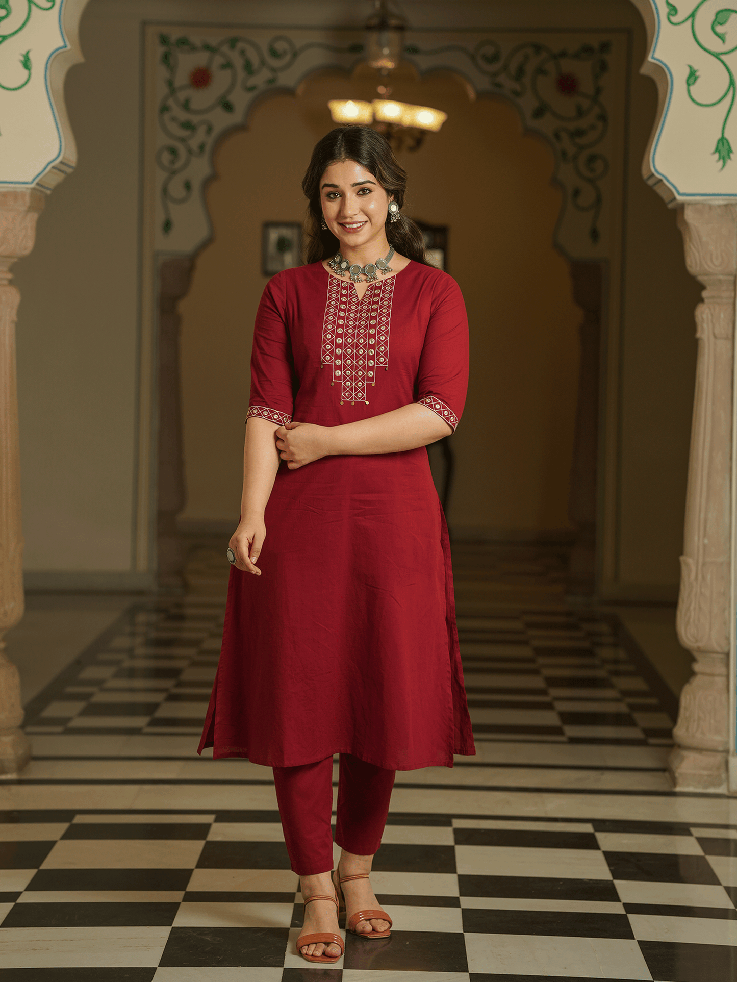 Embroidered Soft Cotton Solid A-line Maroon Kurta