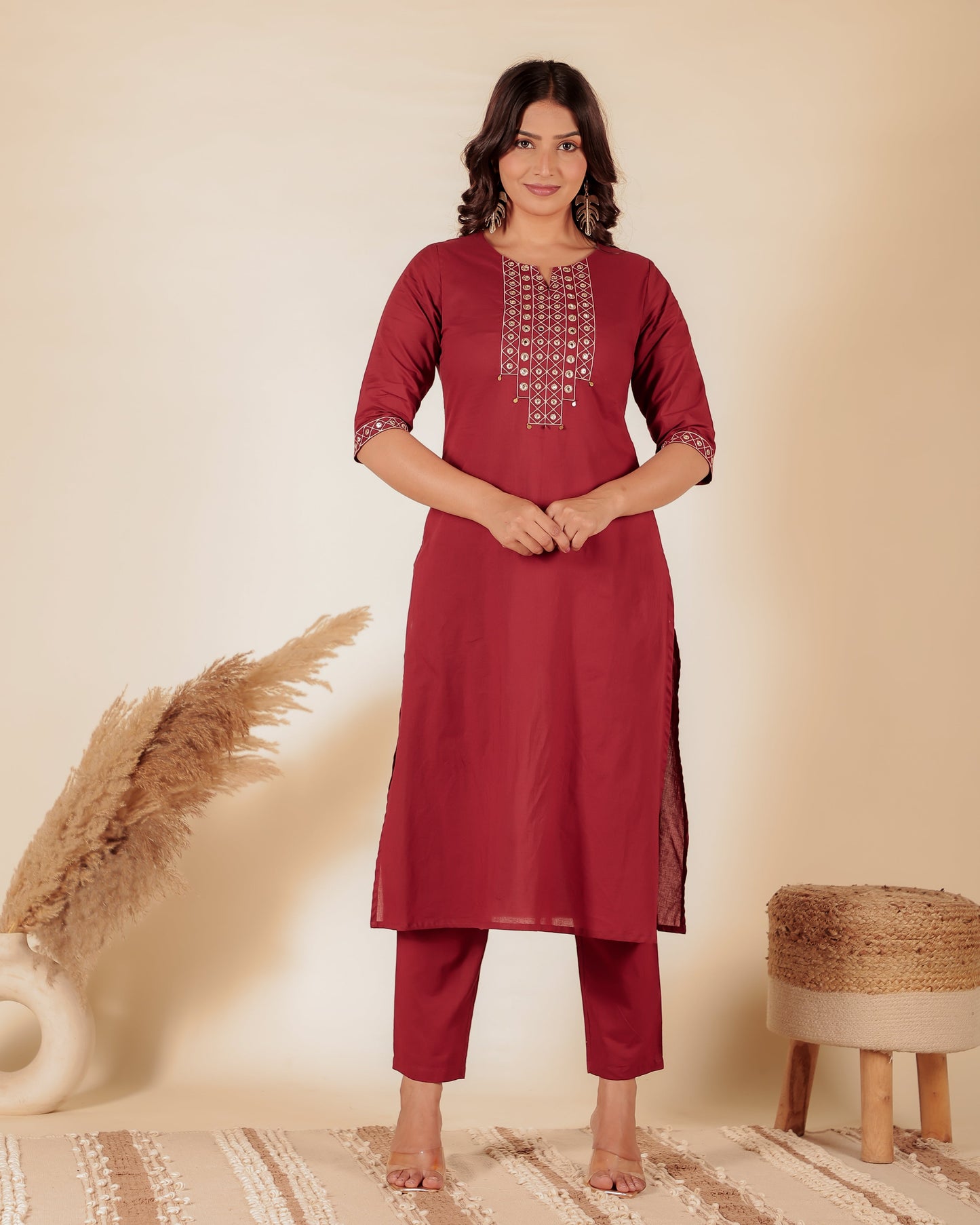 Soft Cotton Solid A-line Maroon Kurta