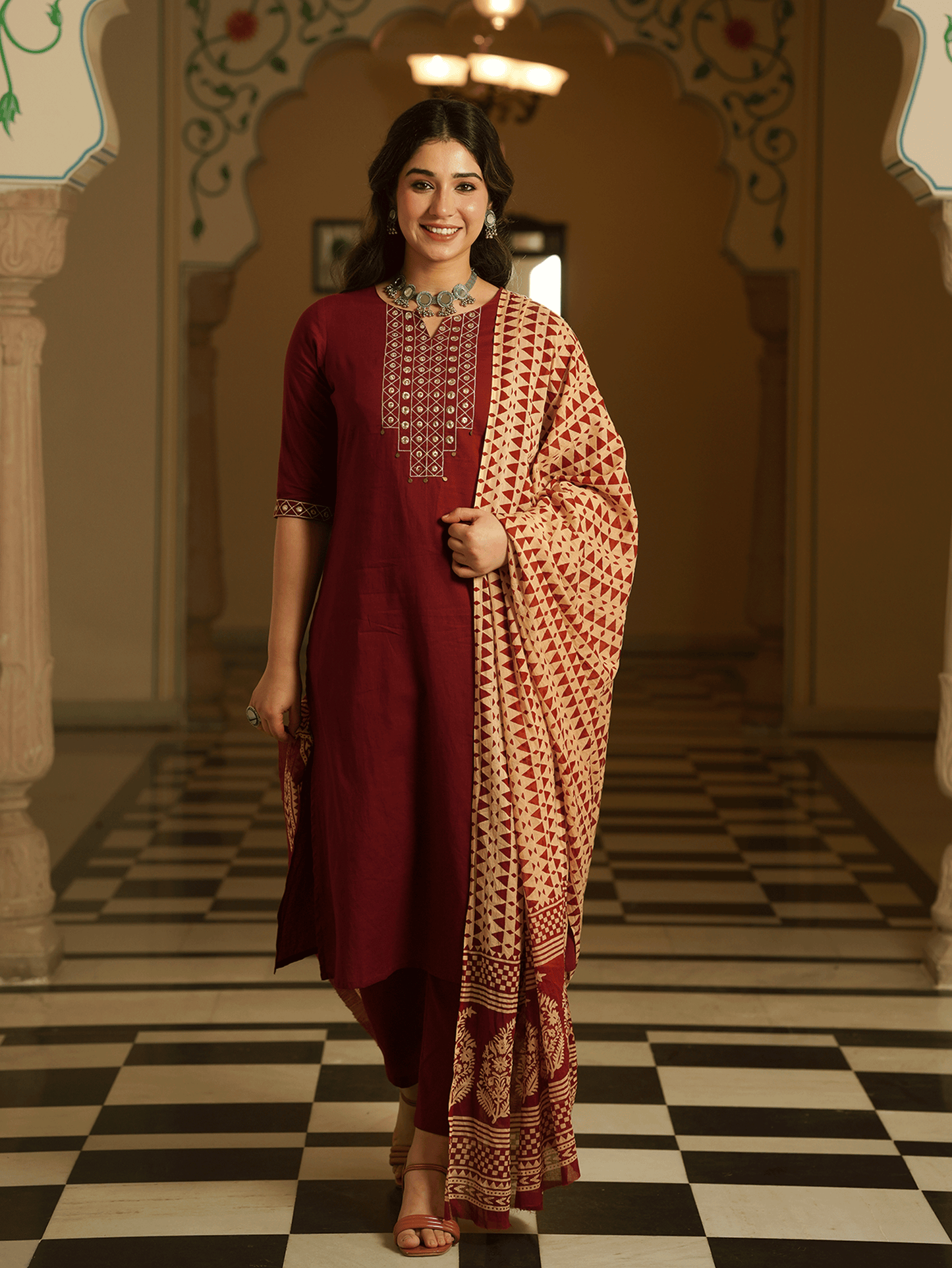 Embroidered Soft Cotton Solid A-line Maroon Kurta