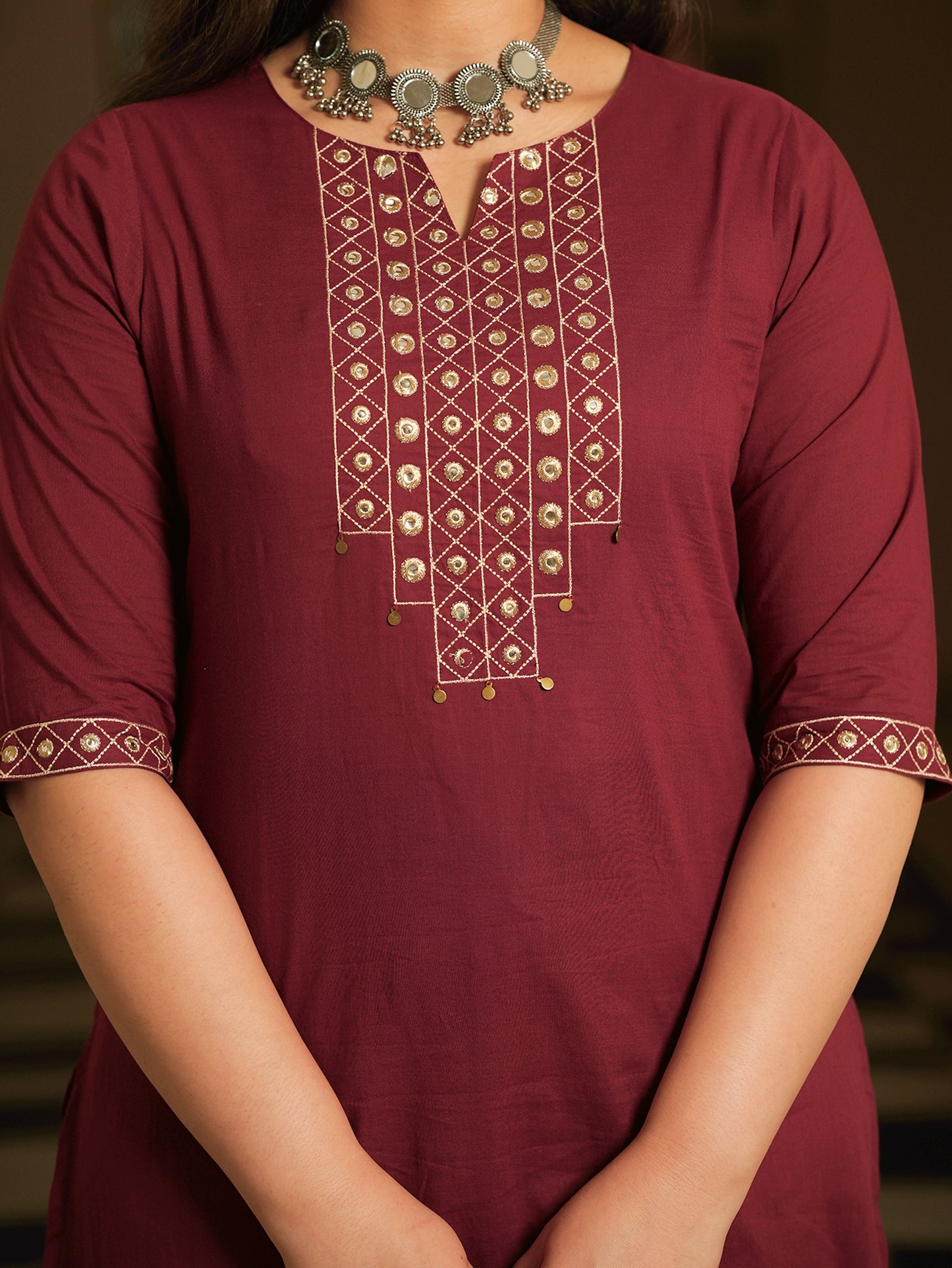 Embroidered Soft Cotton Solid A-line Maroon Kurta