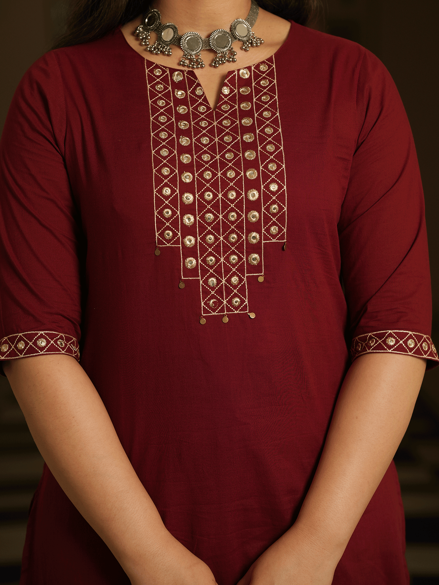 Embroidered Soft Cotton Solid A-line Maroon Kurta