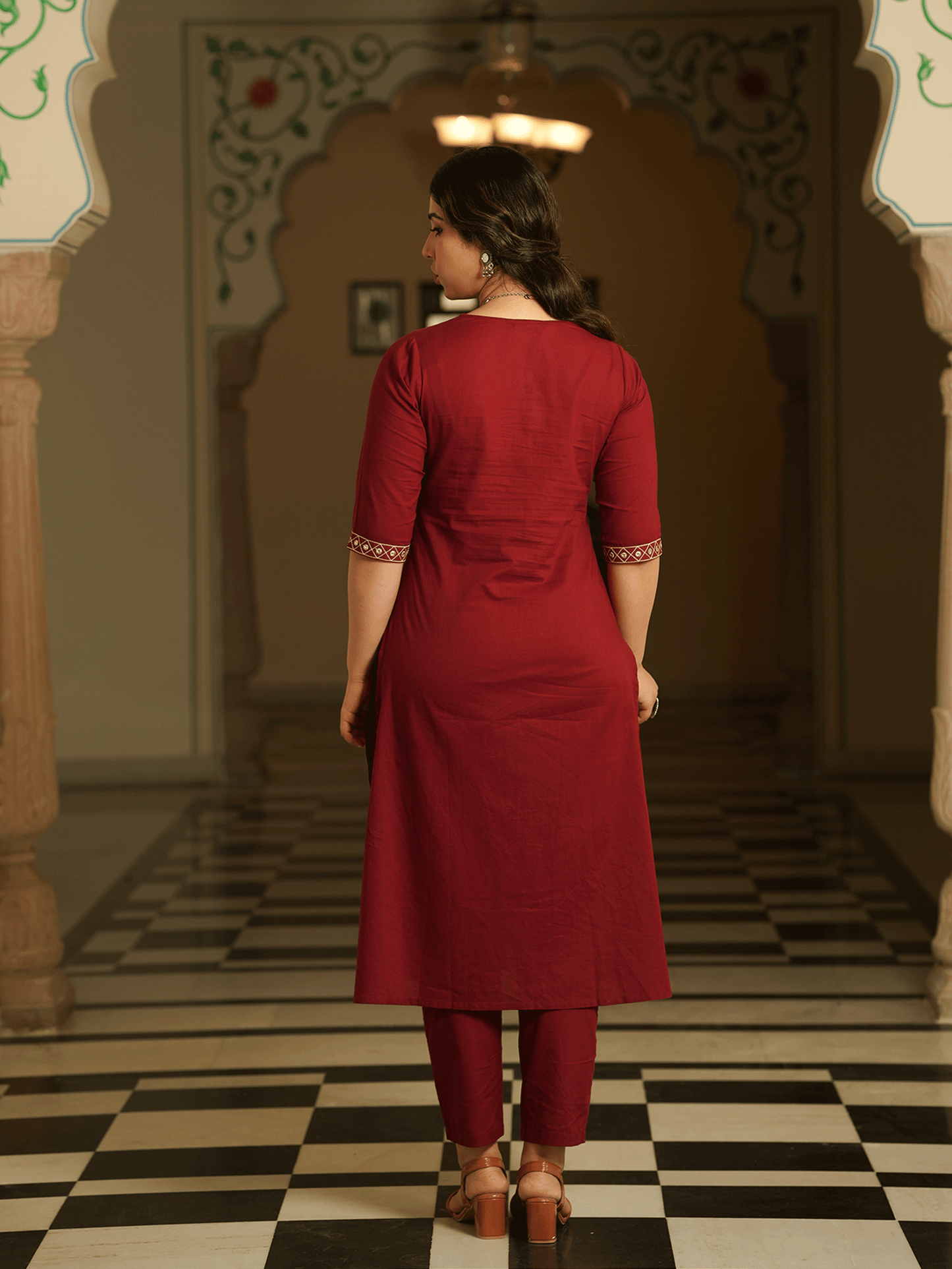 Embroidered Soft Cotton Solid A-line Maroon Kurta