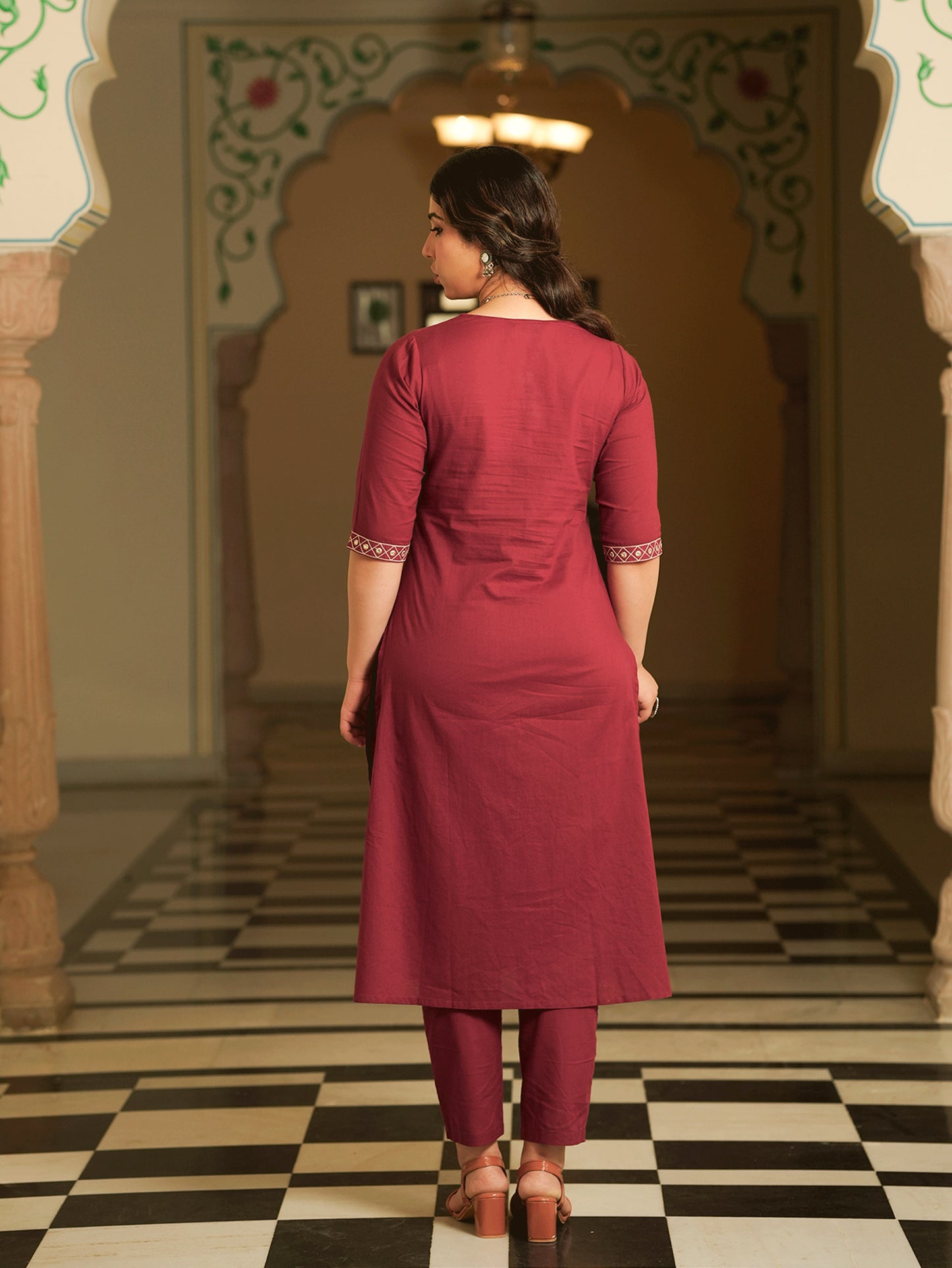 Embroidered Soft Cotton Solid A-line Maroon Kurta