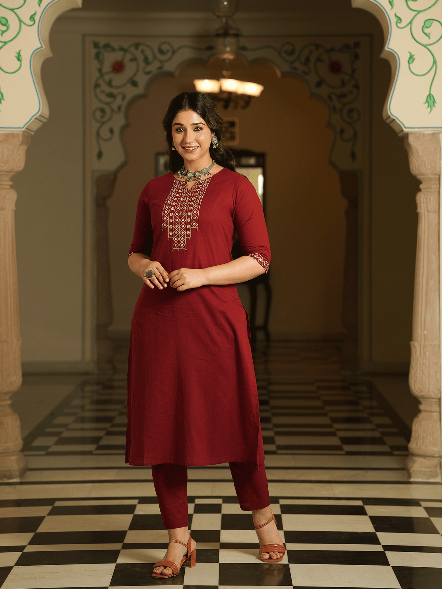 Embroidered Soft Cotton Solid A-line Maroon Kurta