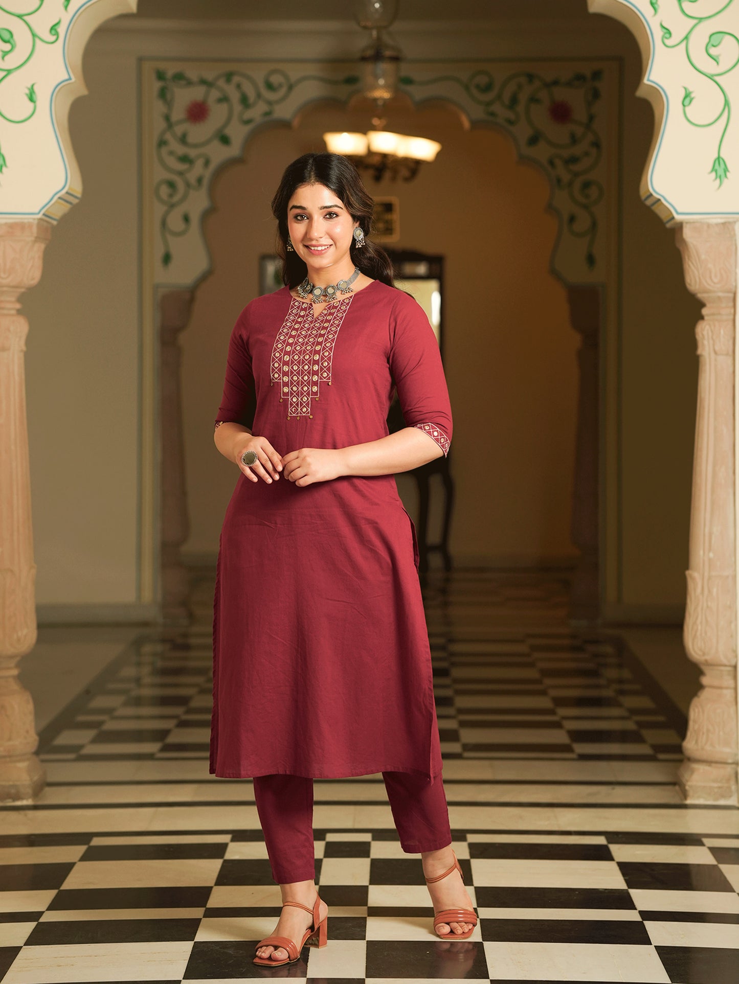 Embroidered Soft Cotton Solid A-line Maroon Kurta