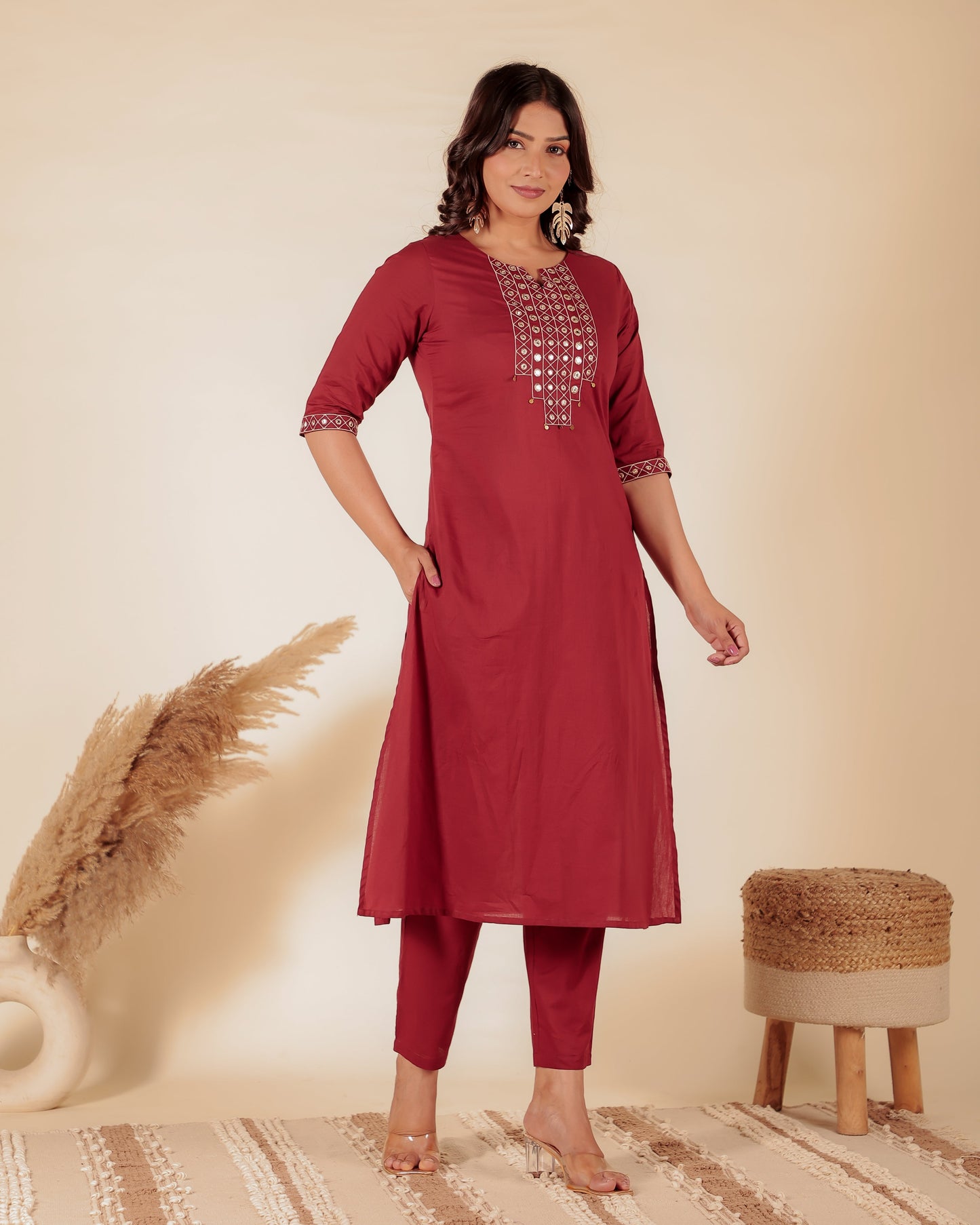 Soft Cotton Solid A-line Maroon Kurta