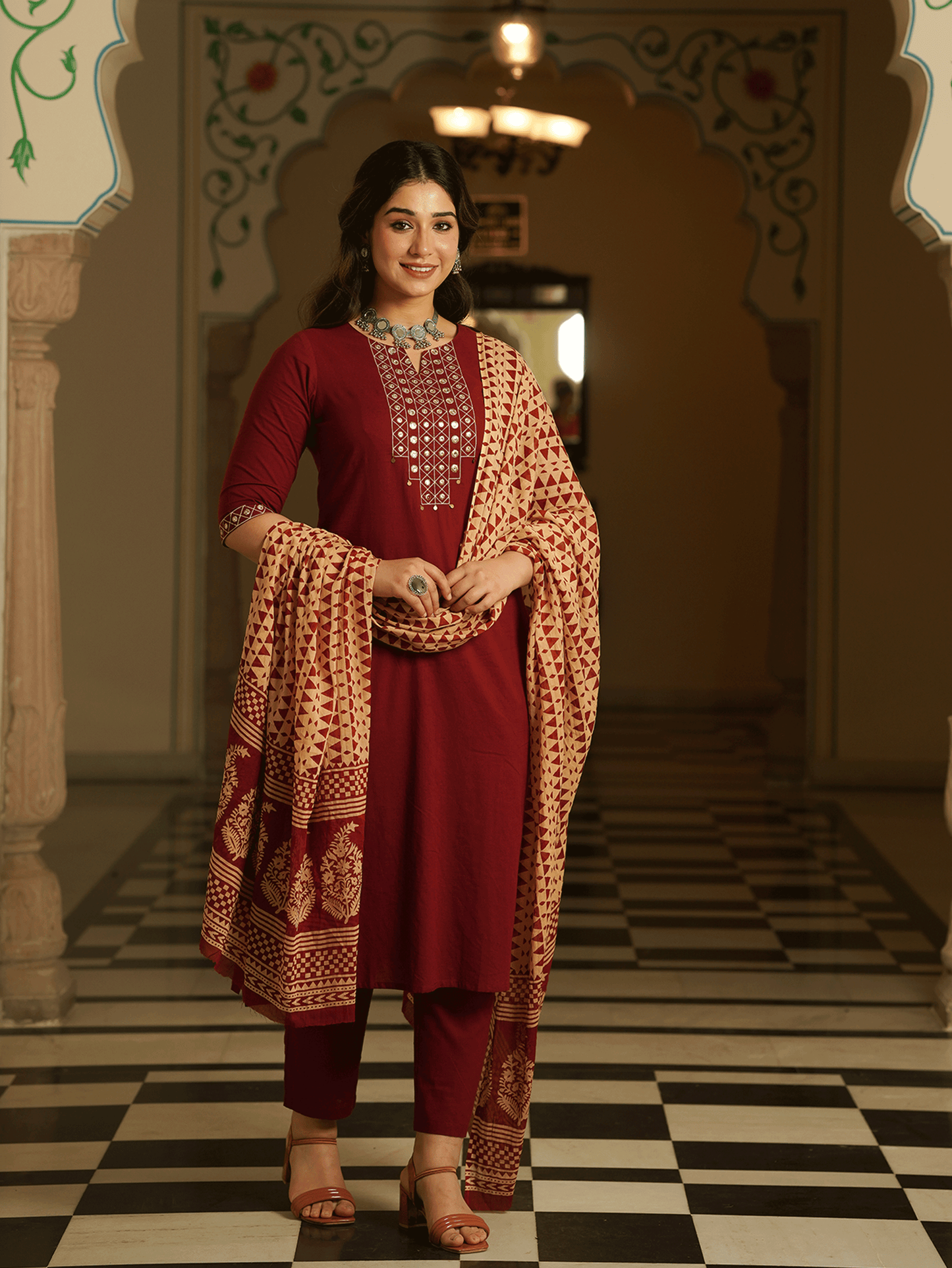 Embroidered Soft Cotton Solid A-line Maroon Kurta
