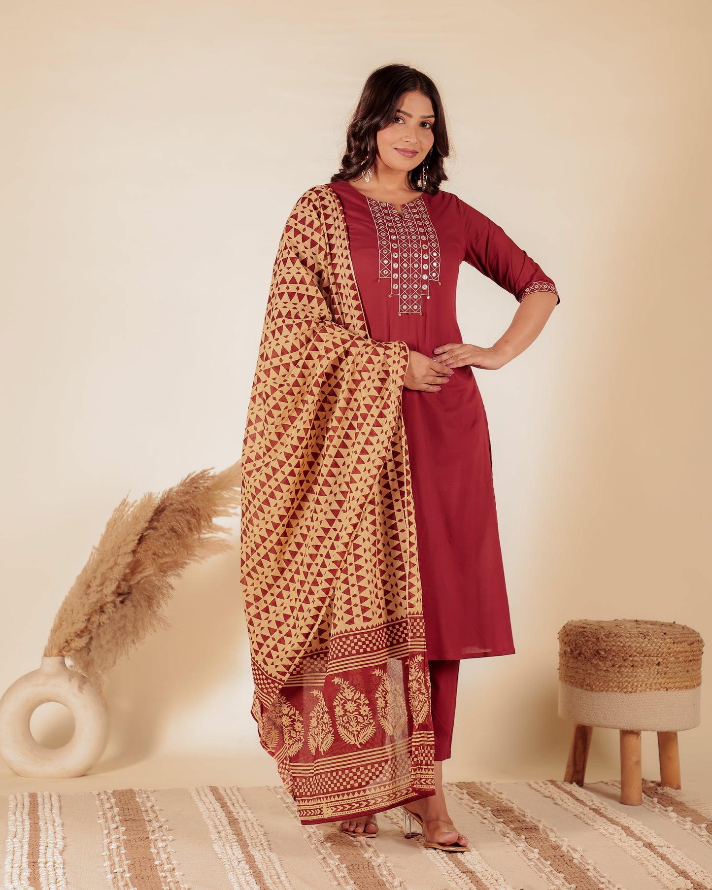 Soft Cotton Solid A-line Maroon Kurta