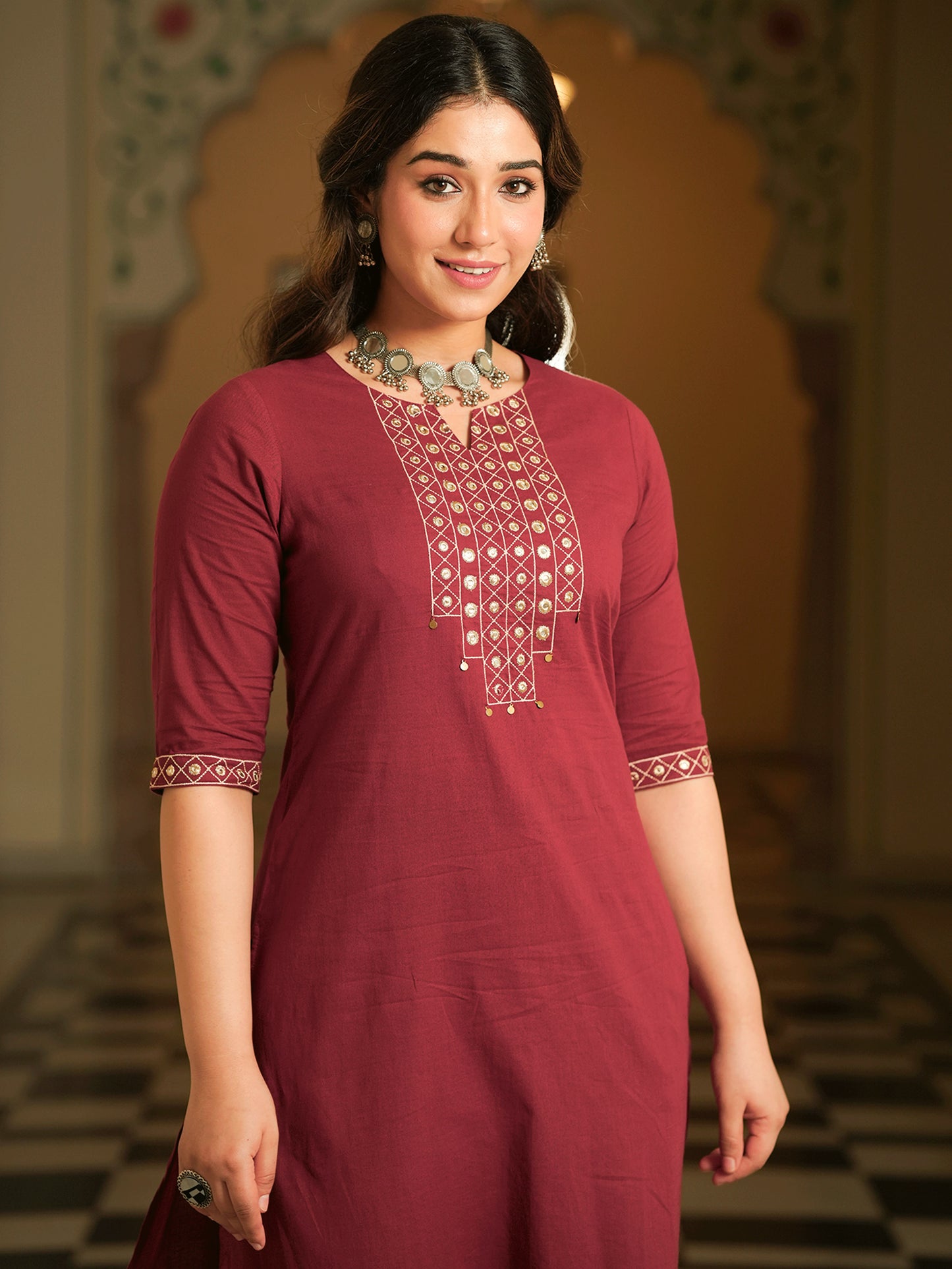 Embroidered Soft Cotton Solid A-line Maroon Kurta