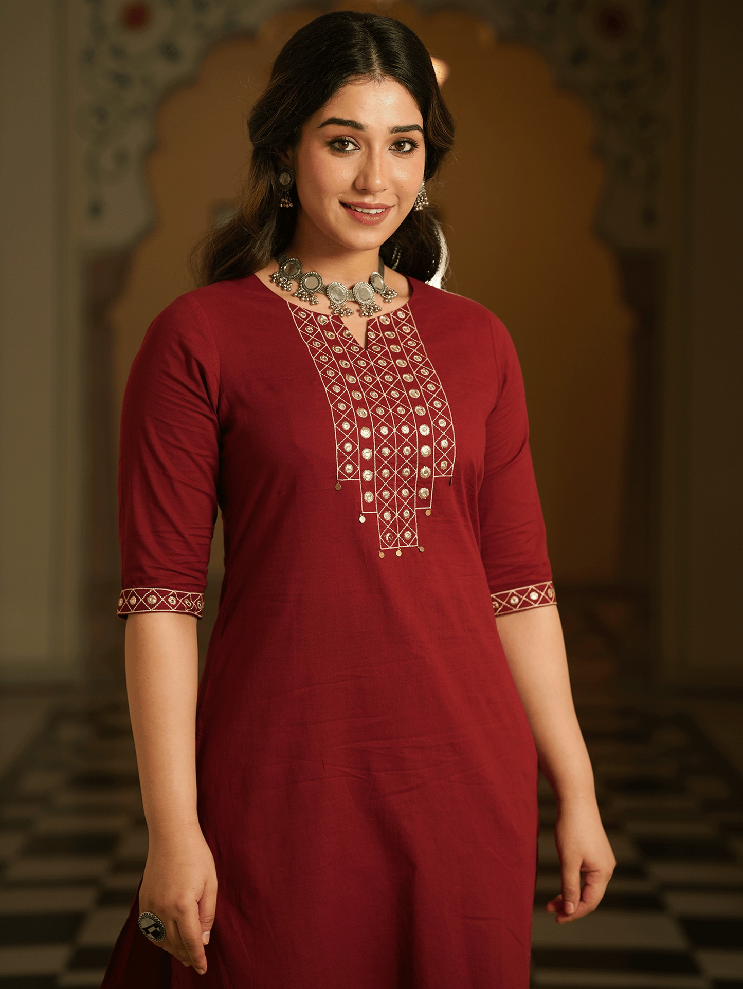 Embroidered Soft Cotton Solid A-line Maroon Kurta