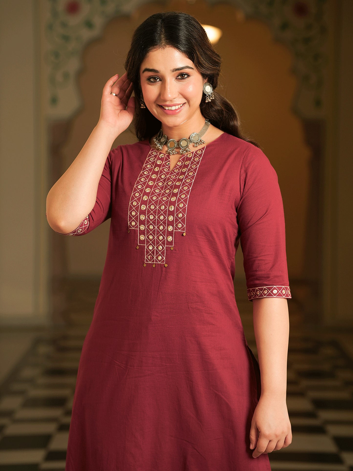 Embroidered Soft Cotton Solid A-line Maroon Kurta
