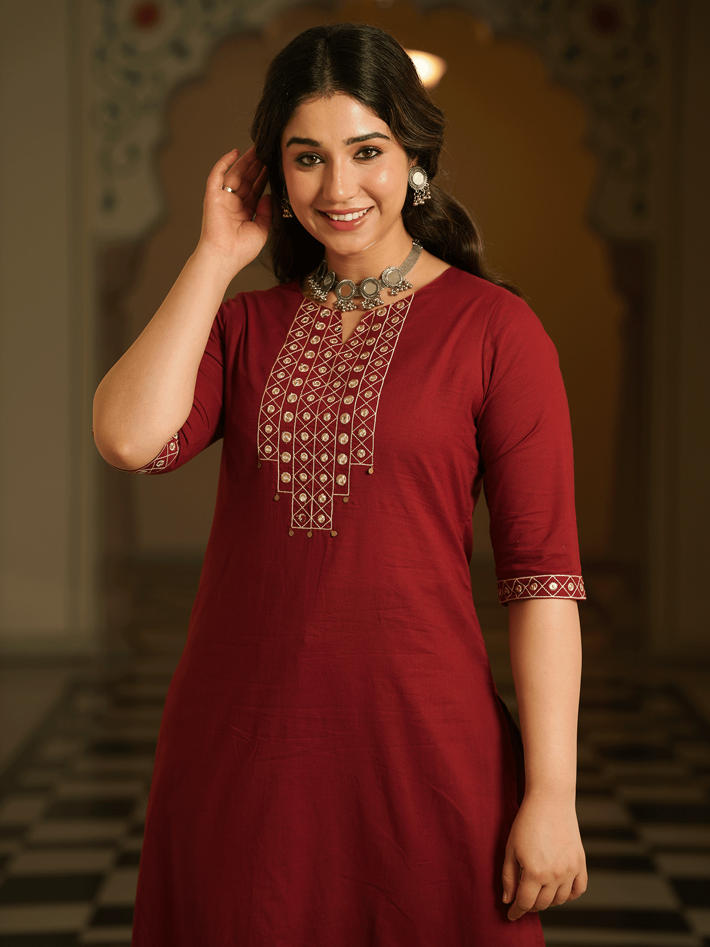 Embroidered Soft Cotton Solid A-line Maroon Kurta