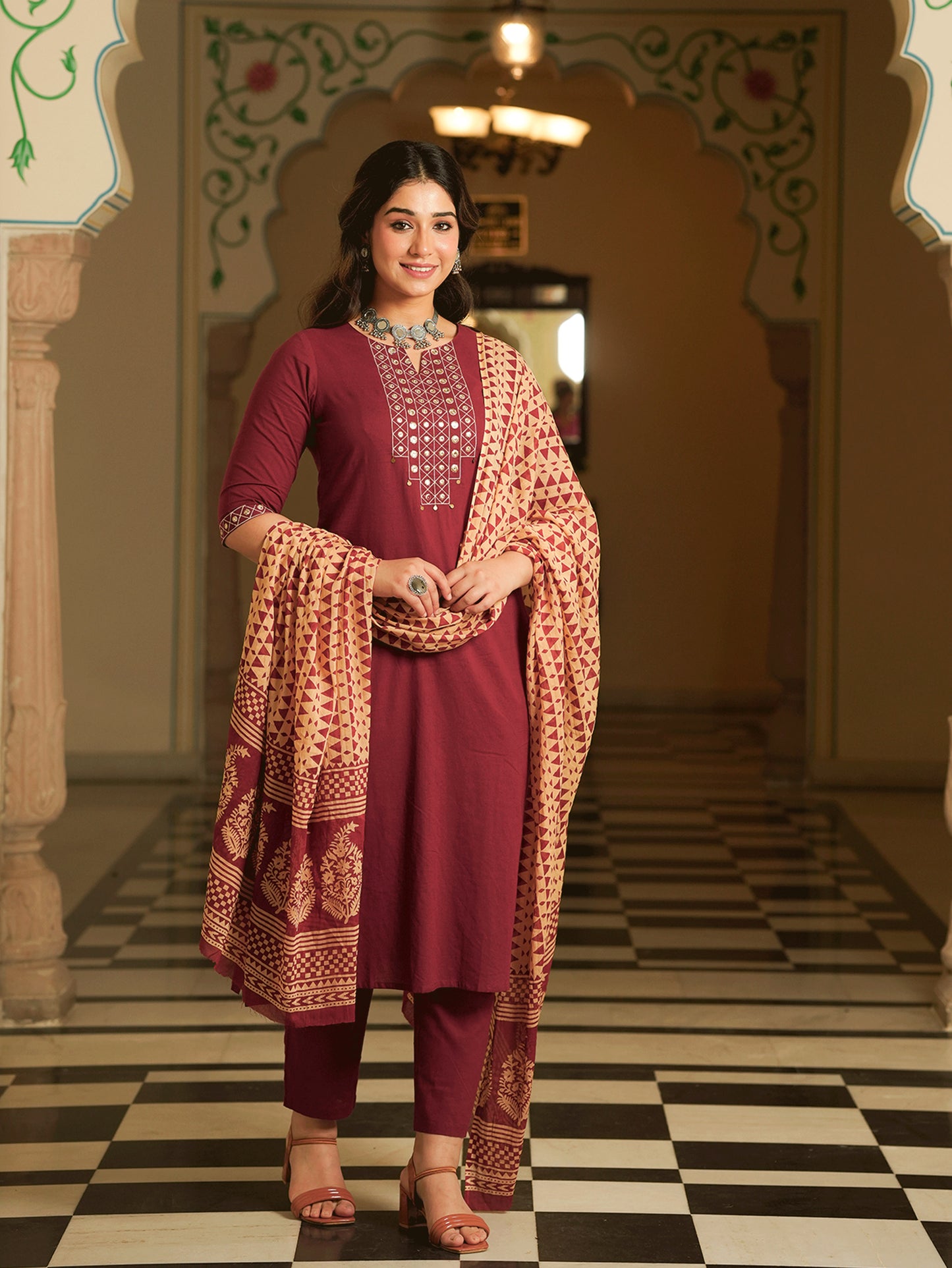 Cotton Voile Geometric Beige Dupatta