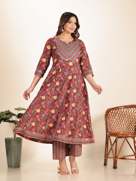Soft Cotton Floral Anarkali Maroon Kurta