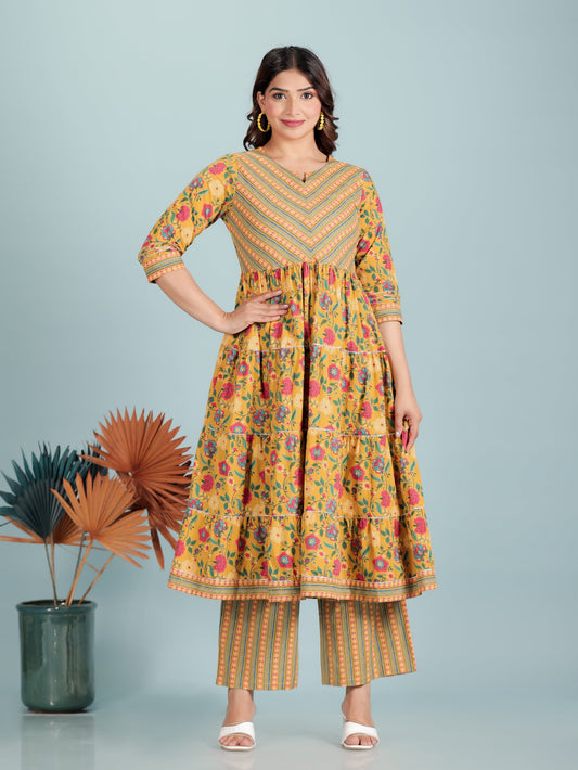 Soft Cotton Floral Tiered Kurta Yellow Kurta