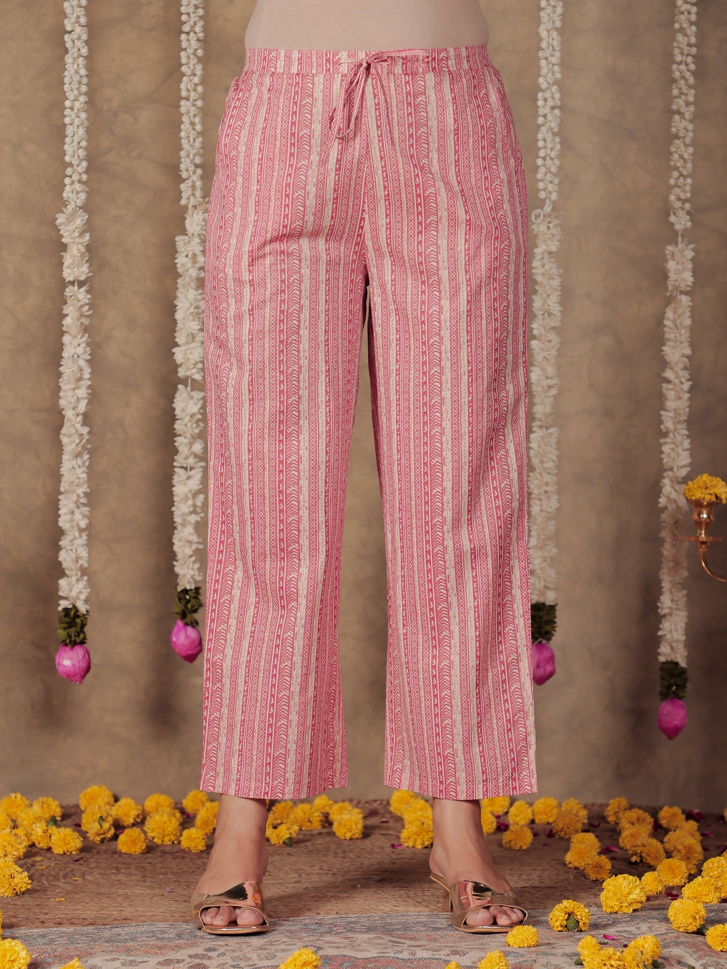 Soft Cotton Striped Pink Straight Trousers