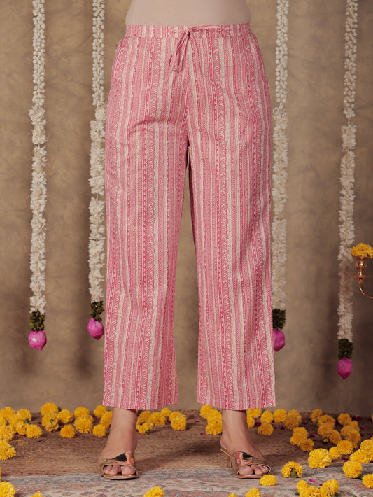 Soft Cotton Striped Pink Straight Trousers