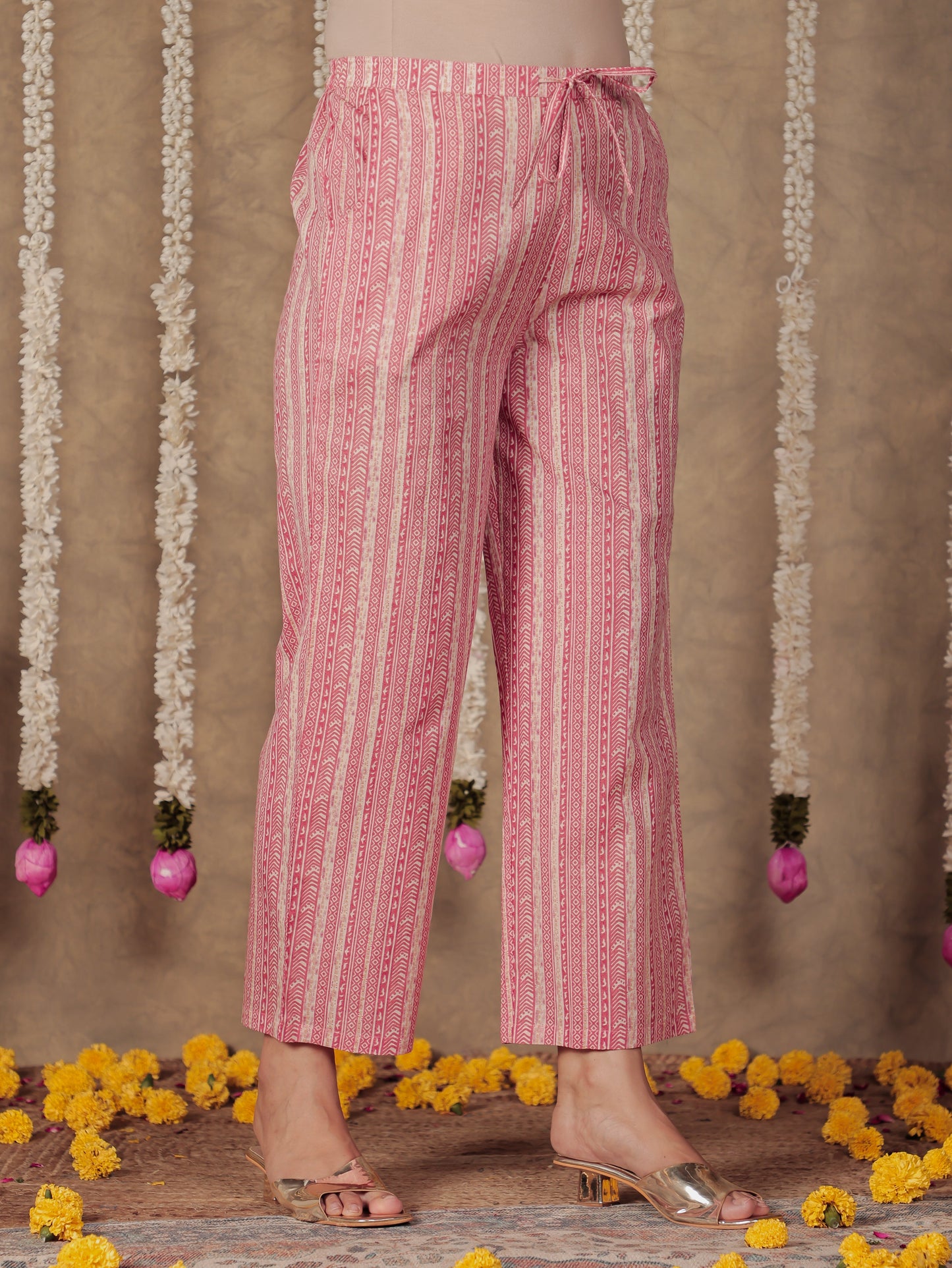 Soft Cotton Striped Pink Straight Trousers