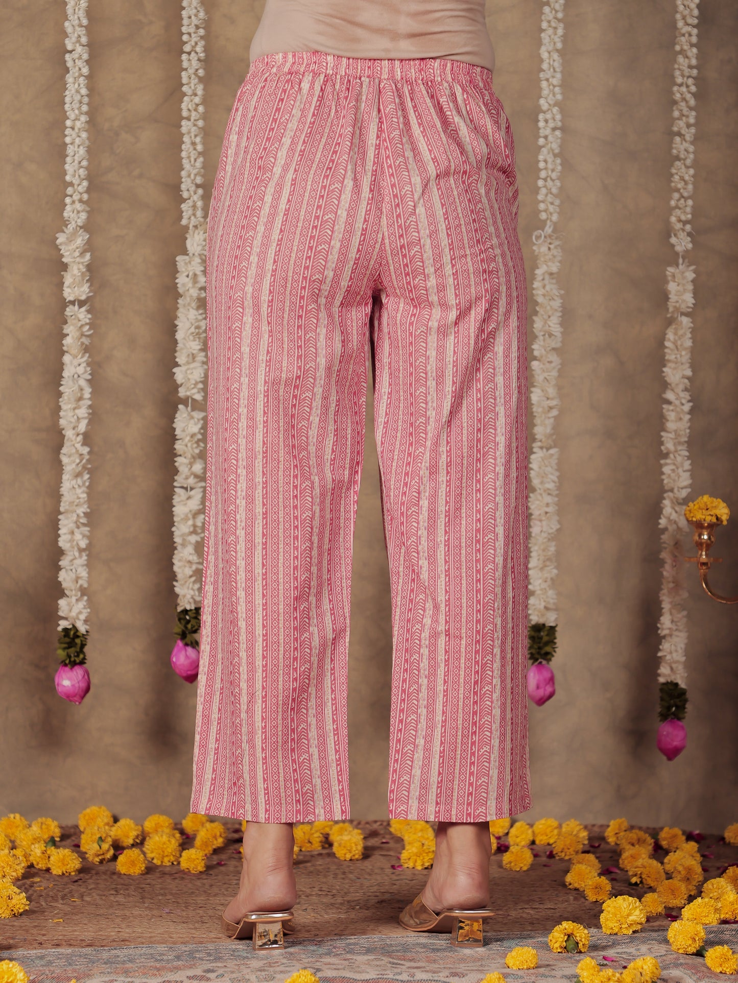 Soft Cotton Striped Pink Straight Trousers