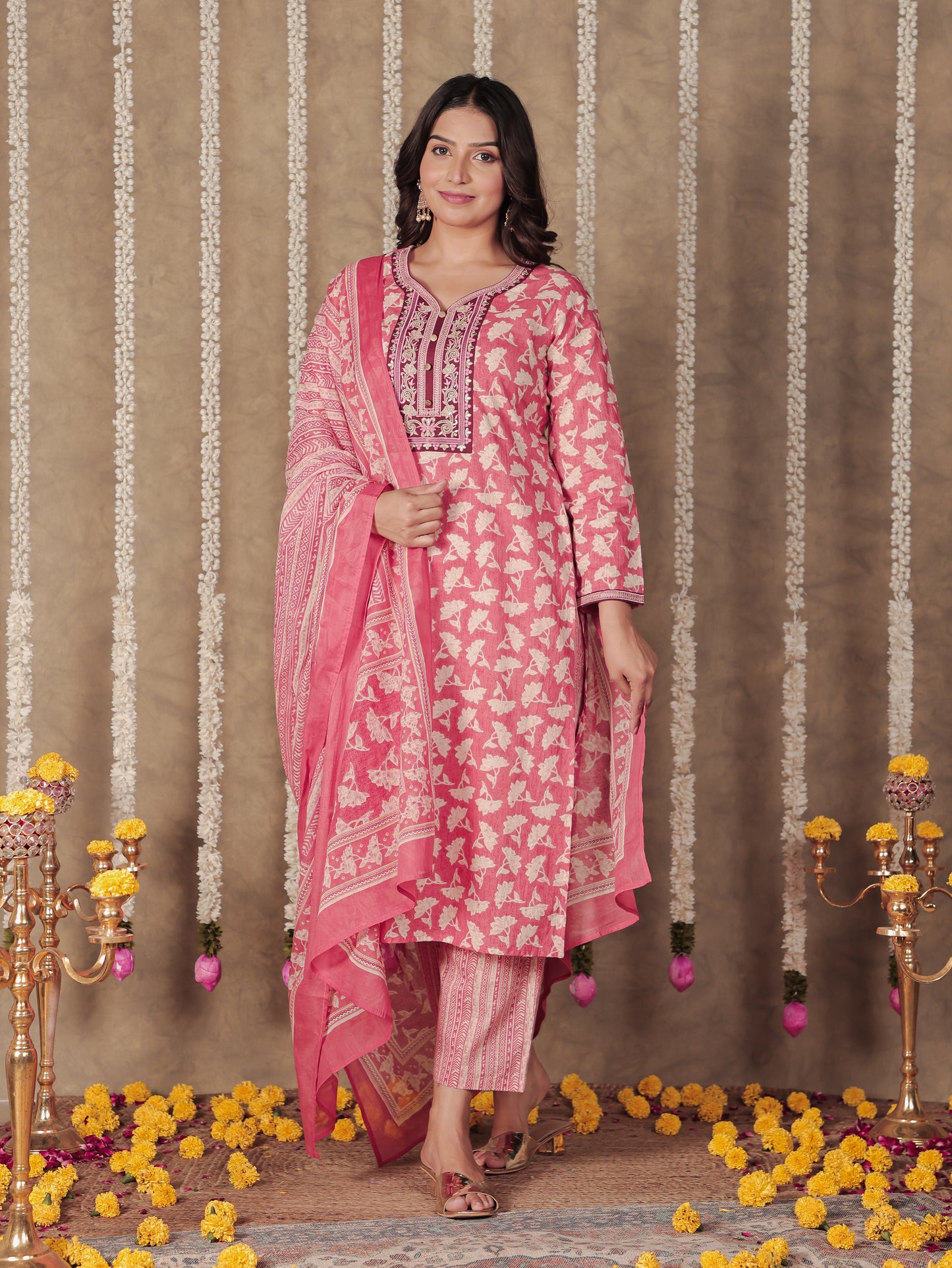 Soft Cotton Floral Straight Pink Kurta