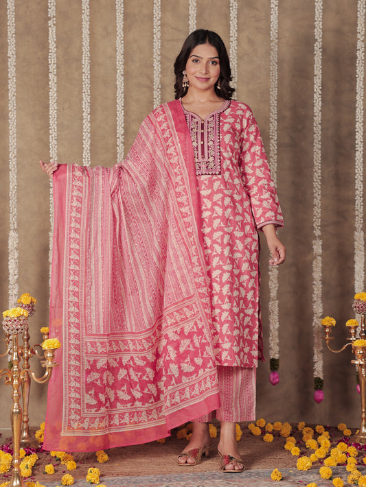 Soft Cotton Floral Straight Pink Kurta