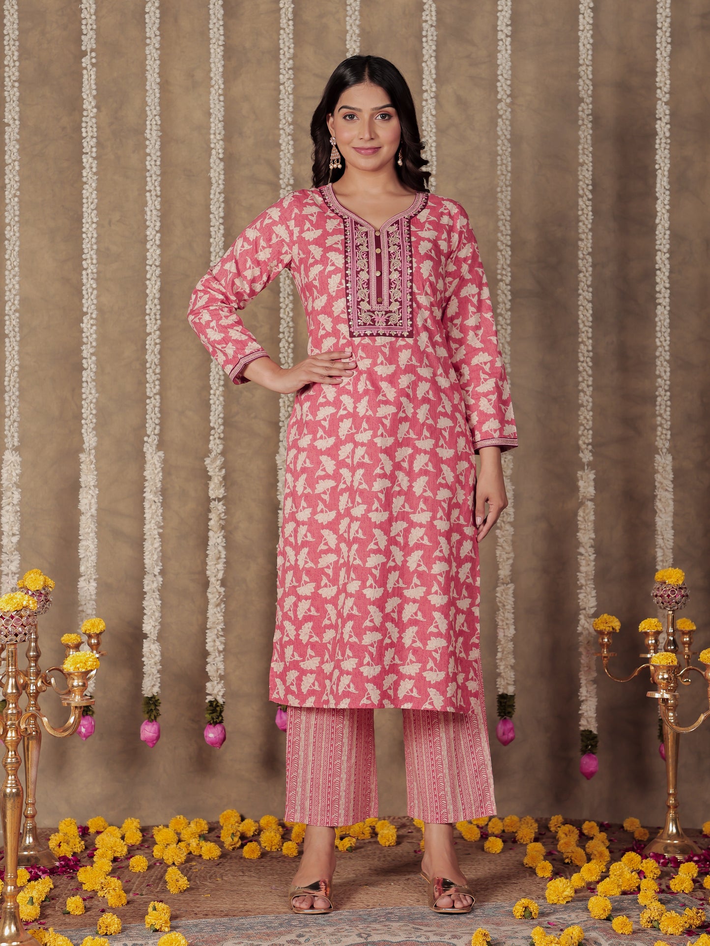 Soft Cotton Floral Straight Pink Kurta